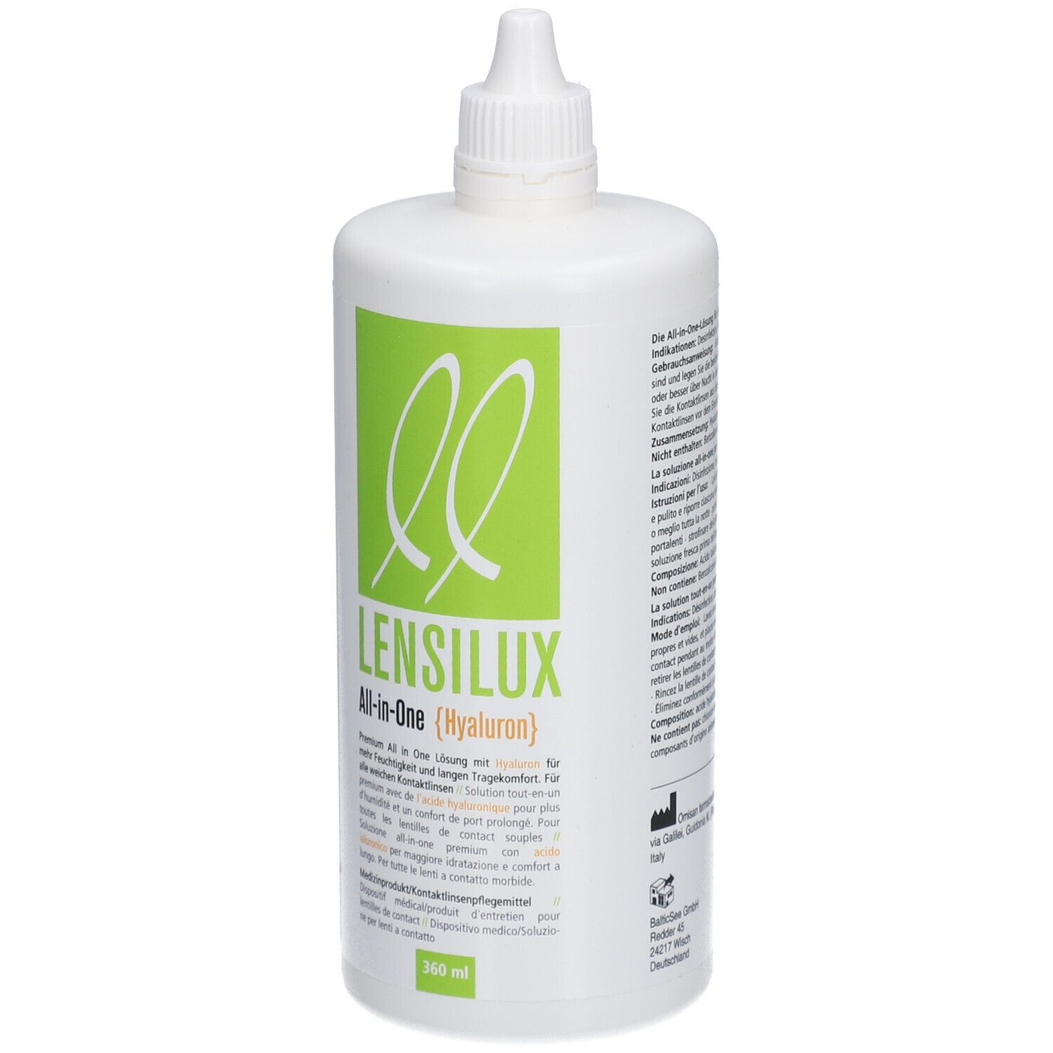 Weiße Flasche mit grünem Etikett. Aufschrift: LENSILUX All-in-One (Hyaluron). 360 ml.