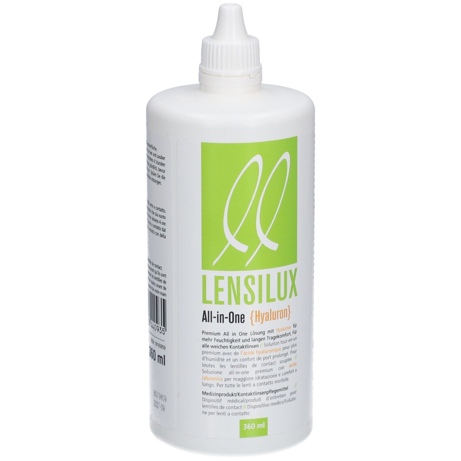 Weiße Flasche mit grünem Etikett. Aufschrift: LENSILUX All-in-One (Hyaluron). 360 ml.