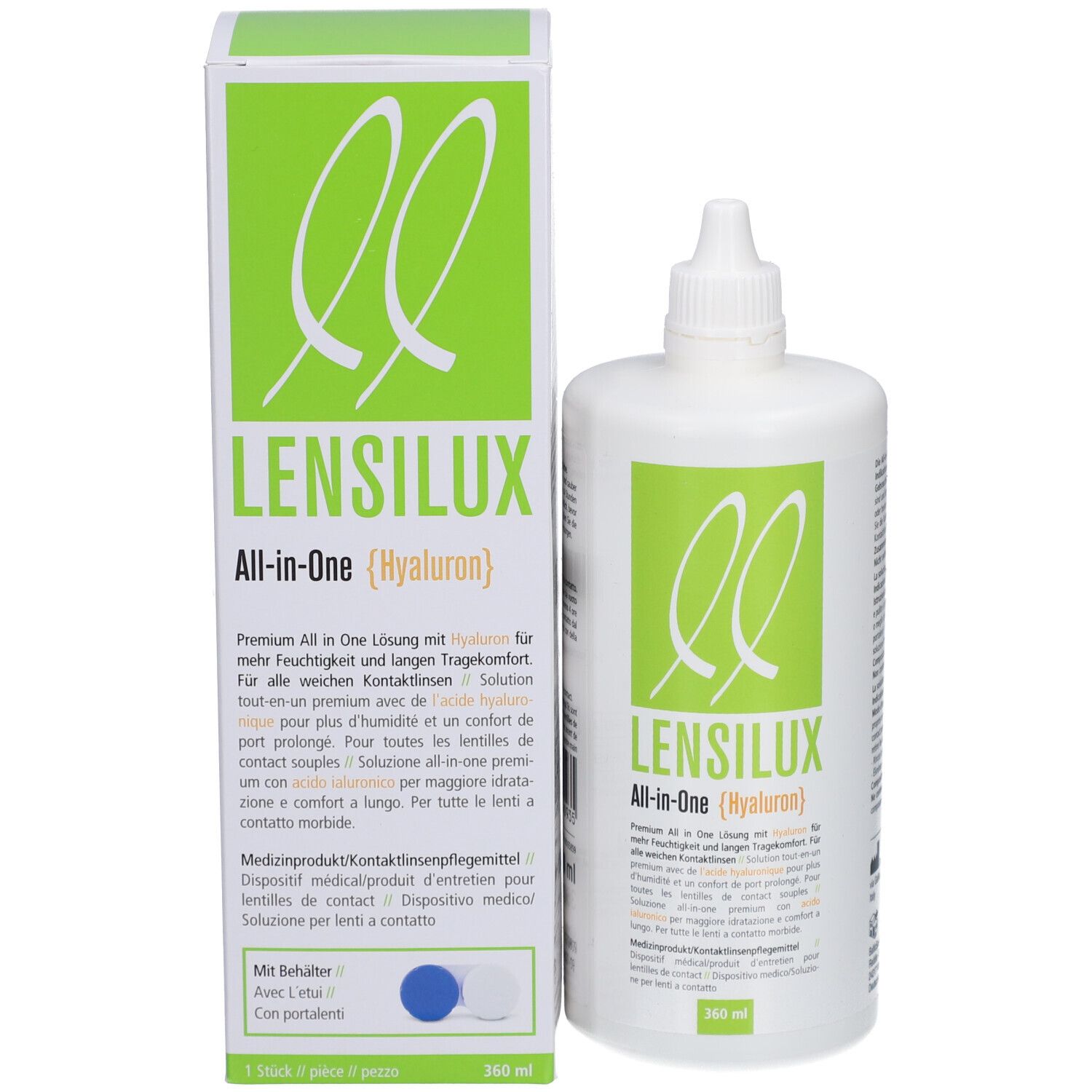 Produktverpackung und Flasche. Aufschrift: LENSILUX All-in-One (Hyaluron). 360 ml. Mit Behälter.