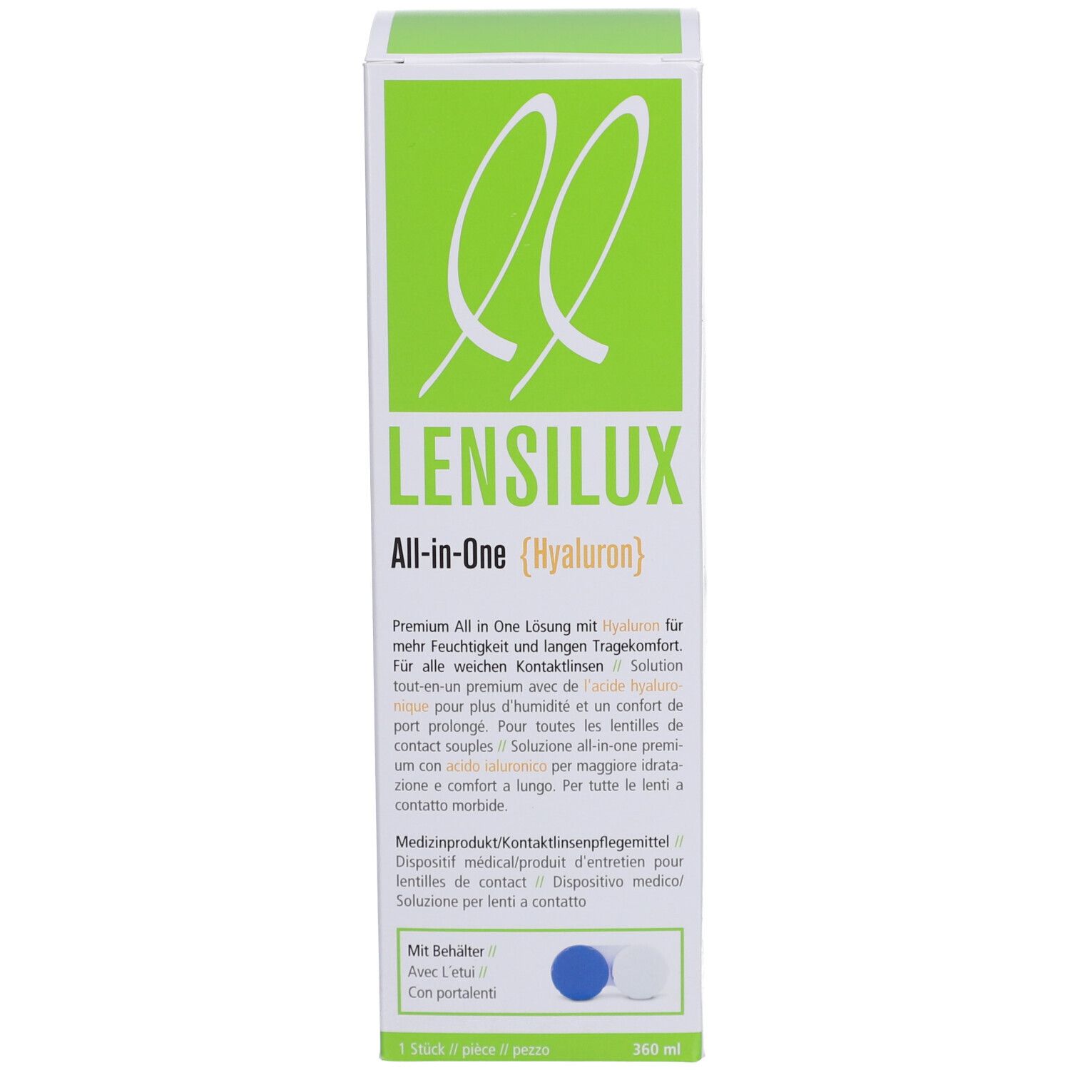 Produktverpackung. Aufschrift: LENSILUX All-in-One (Hyaluron). Mit Behälter.