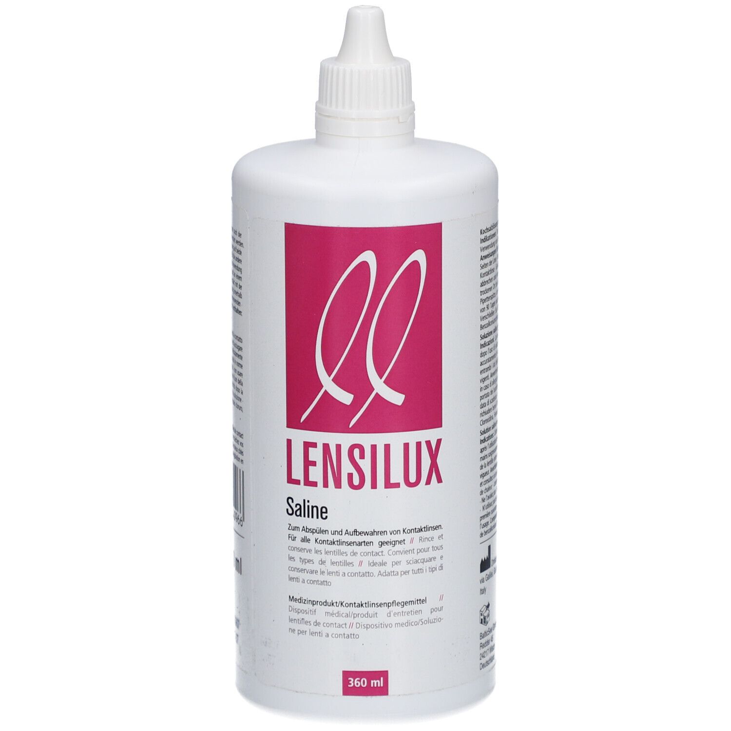 Weiße Flasche mit rosa Etikett. Aufschrift: LENSILUX Saline. 360 ml. Mit Schraubverschluss.