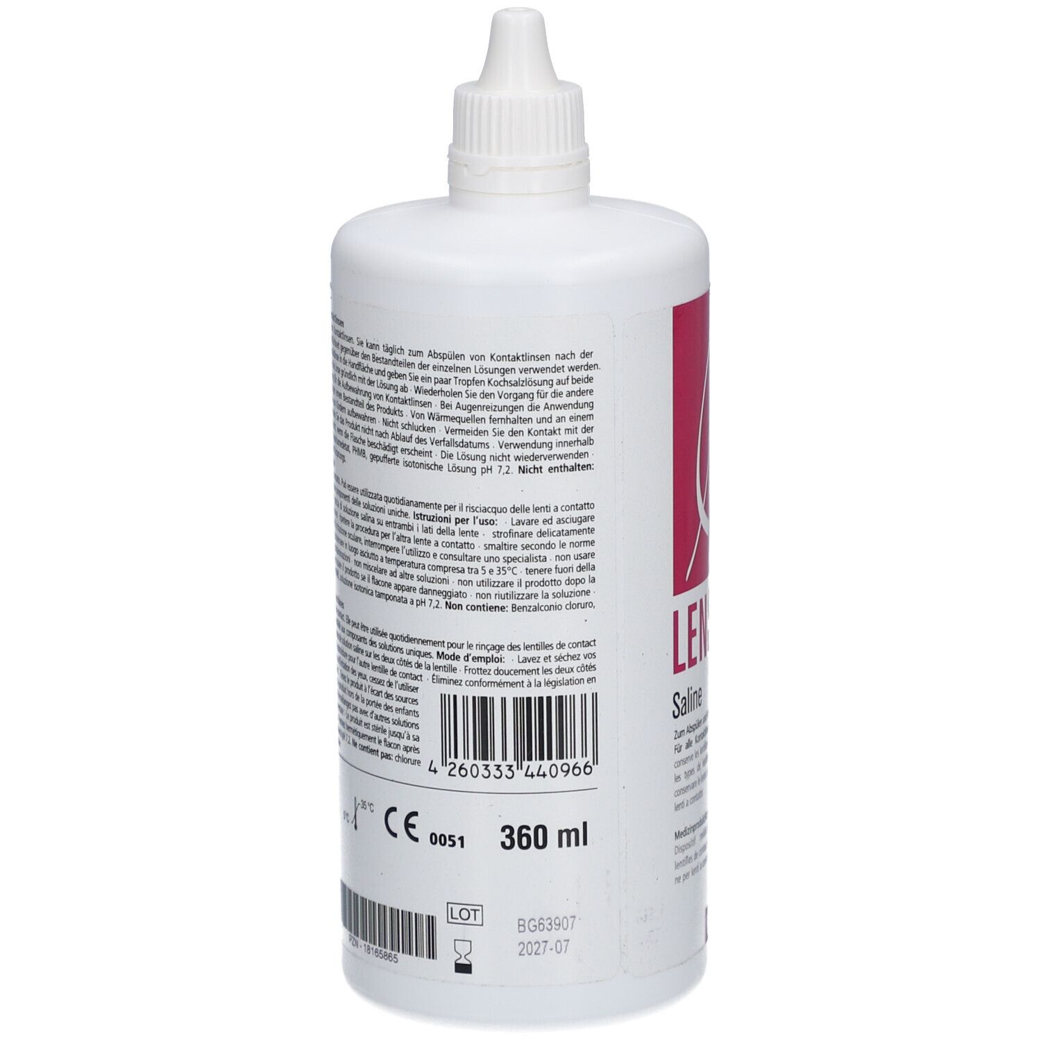 Weiße Flasche mit Text. Aufschrift: LENSILUX Saline. 360 ml. Mit Schraubverschluss. Barcode und CE-Kennzeichnung.