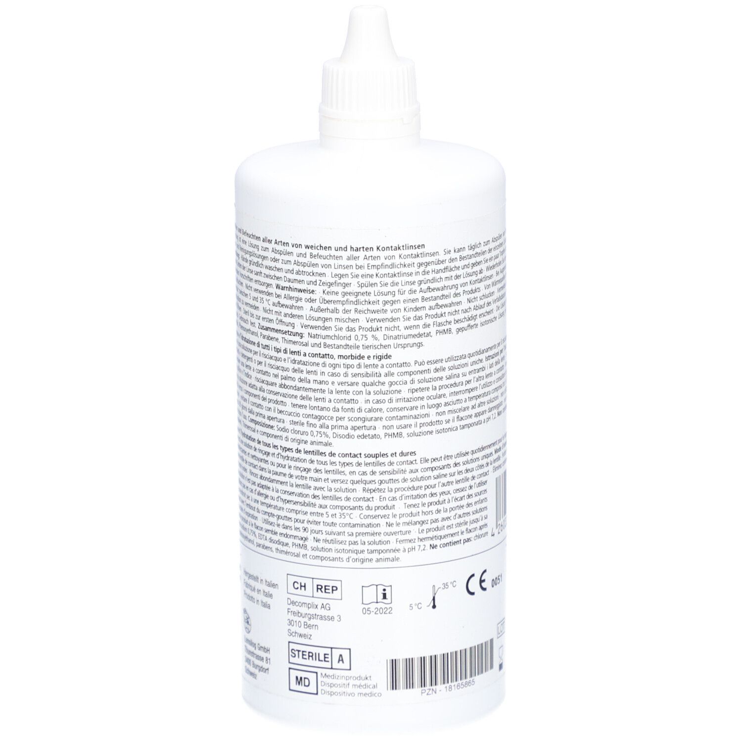 Weiße Flasche mit Text. Aufschrift: LENSILUX Saline. Mit Schraubverschluss. Sterile A Kennzeichnung.