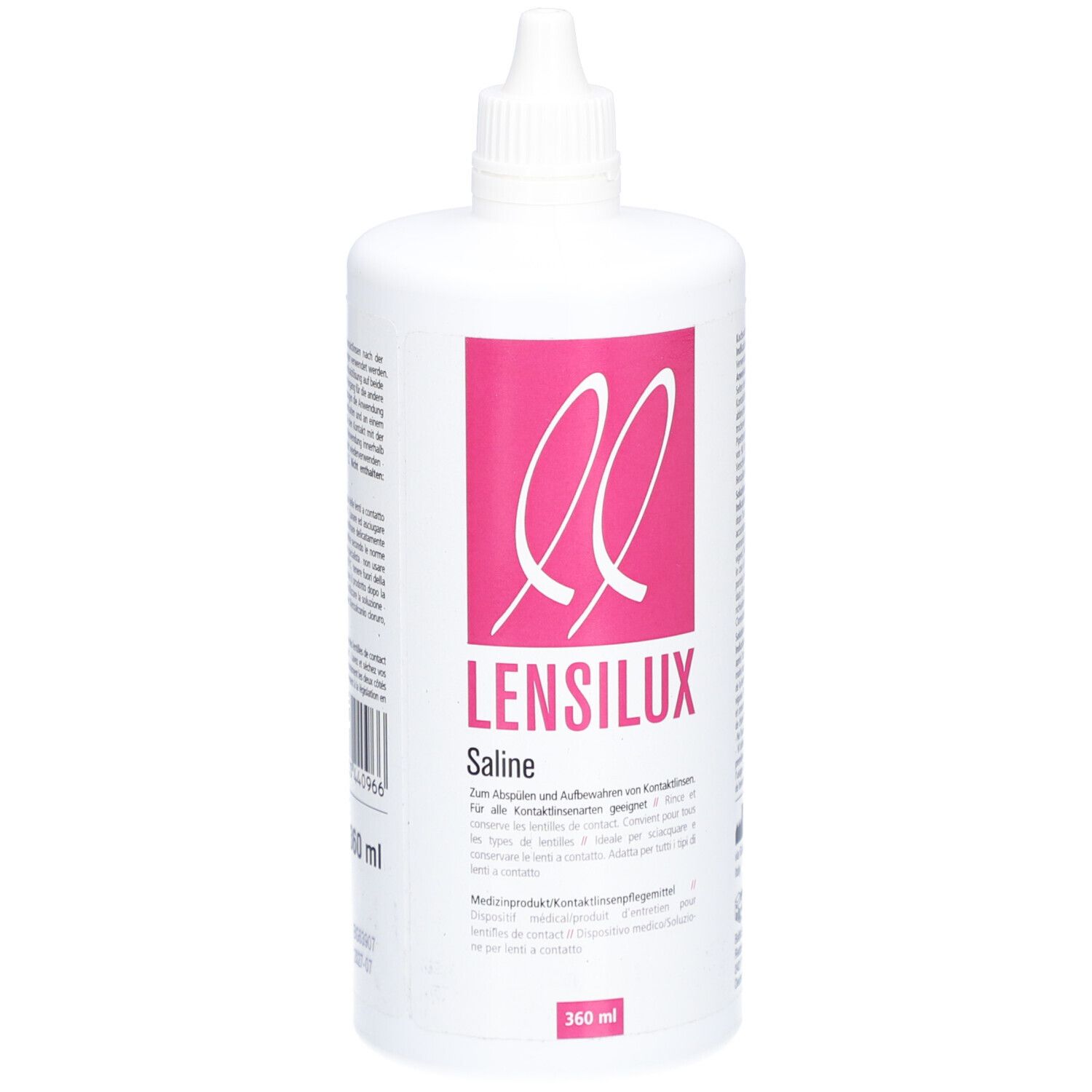 Weiße Flasche mit rosa Etikett. Aufschrift: LENSILUX Saline. 360 ml. Mit Schraubverschluss.