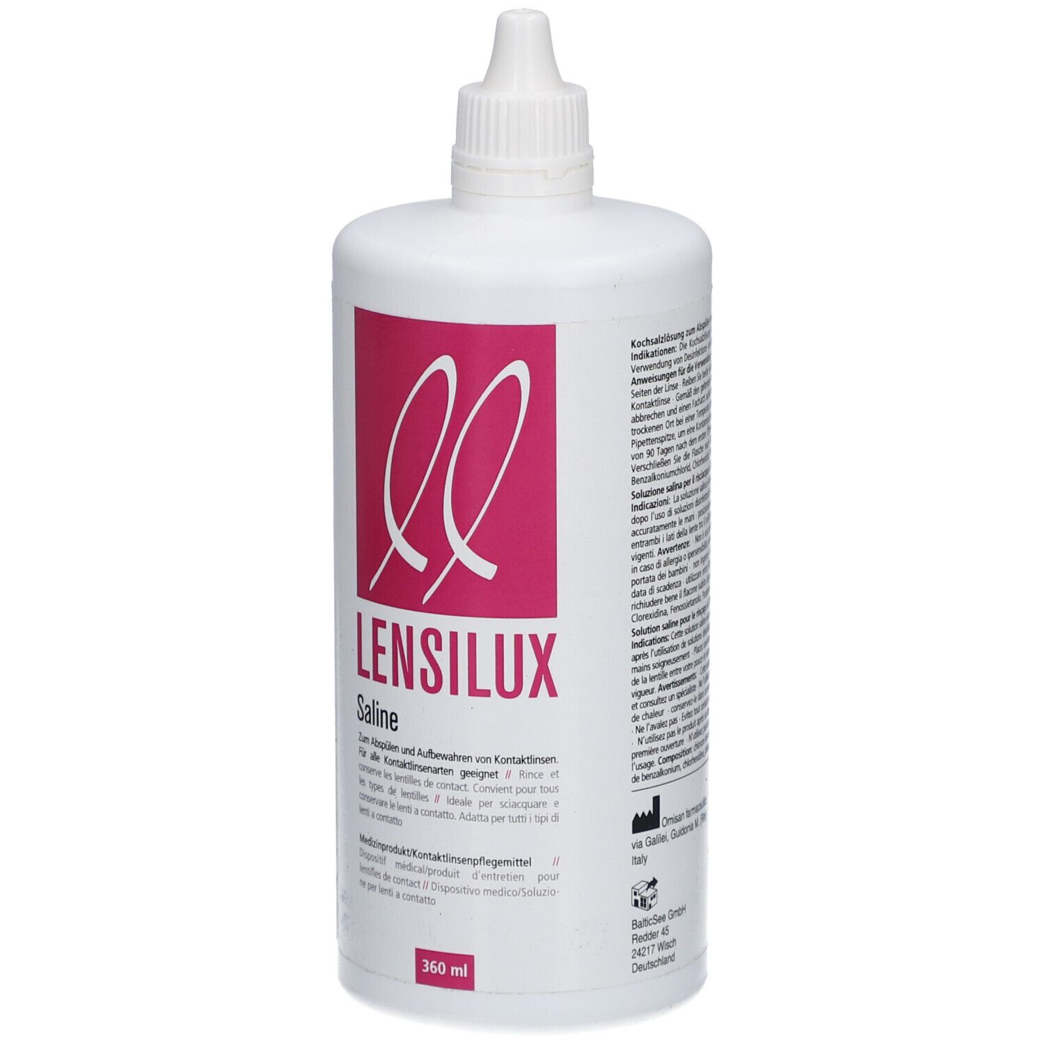 Weiße Flasche mit rosa Etikett. Aufschrift: LENSILUX Saline. 360 ml. Mit Schraubverschluss.