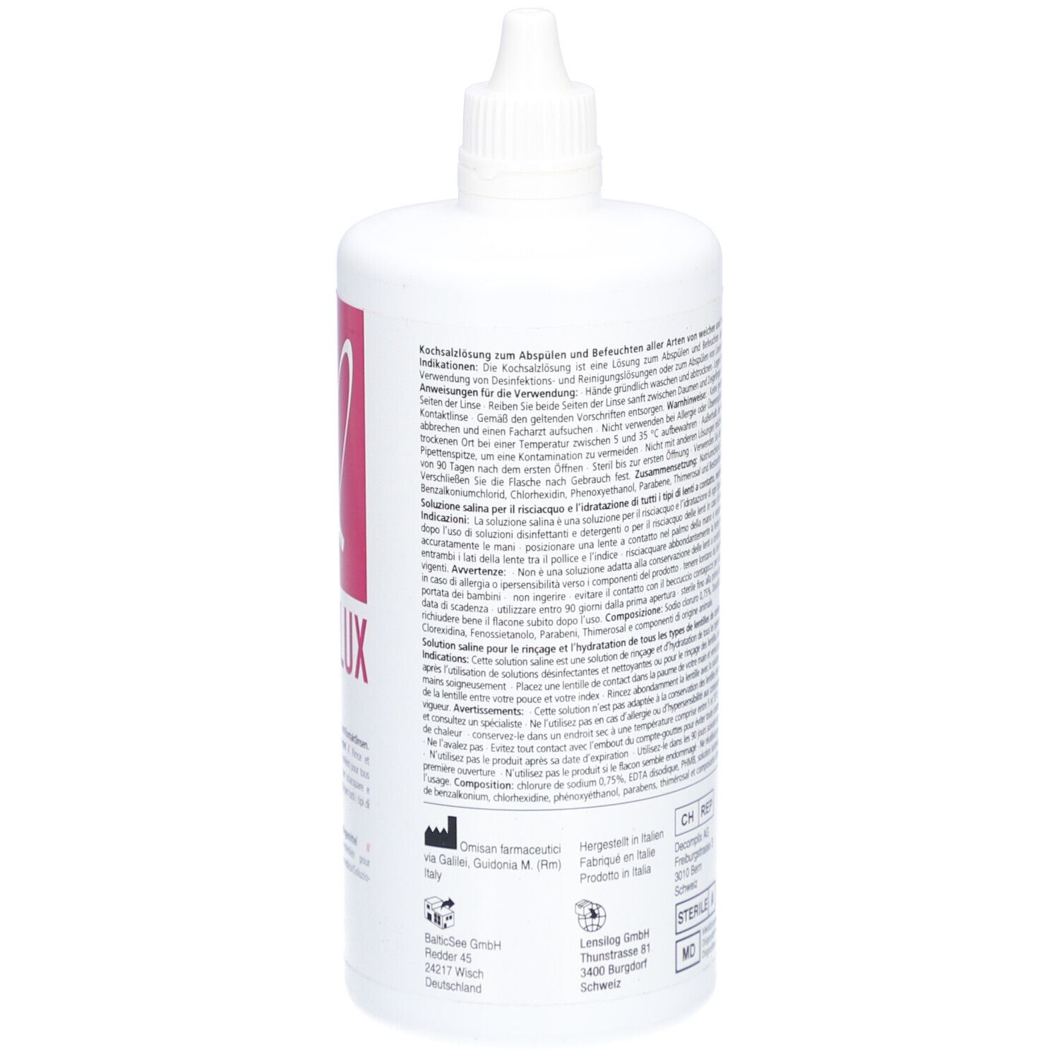 Weiße Flasche mit Text. Aufschrift: LENSILUX Saline. 360 ml. Mit Schraubverschluss. Herstellerlogo.