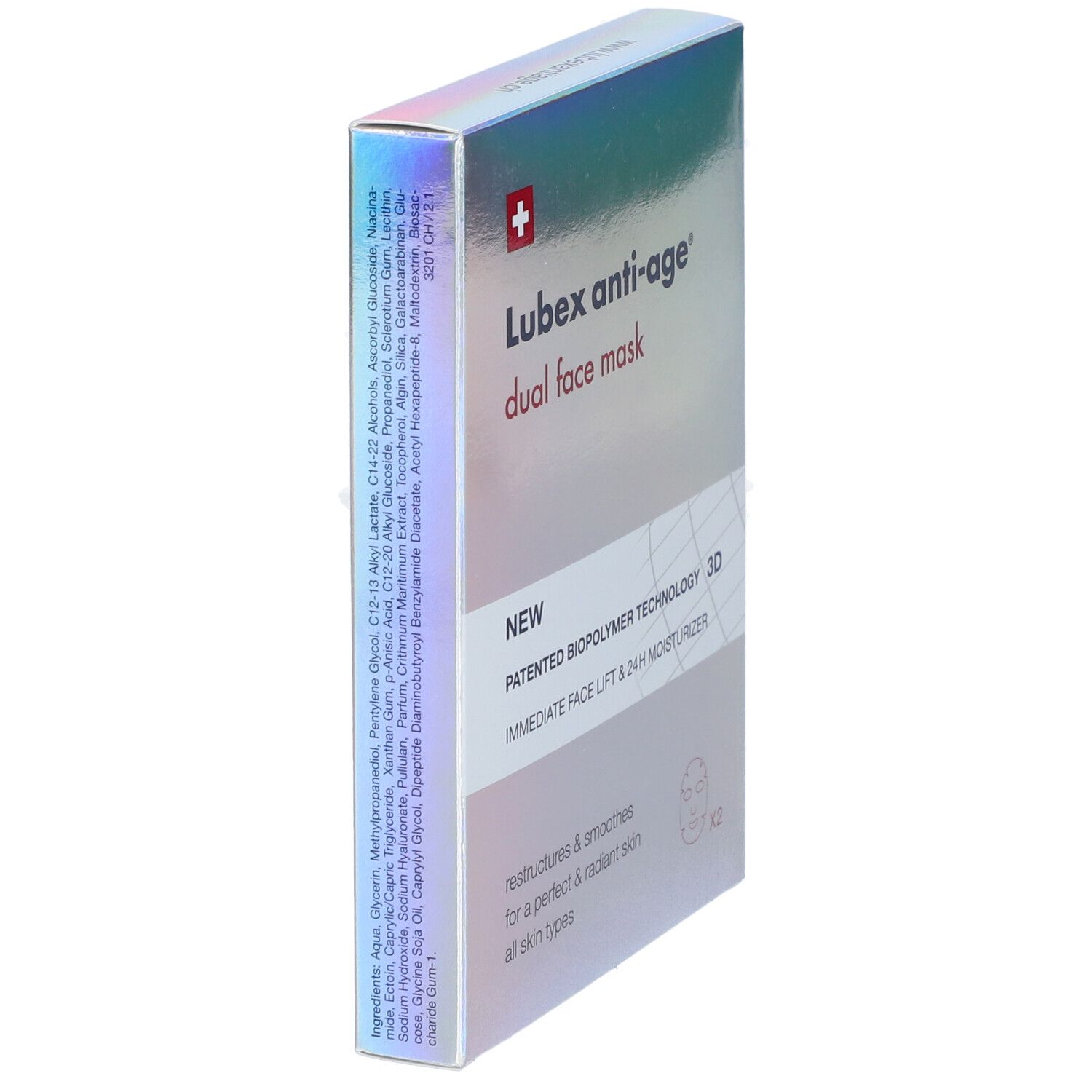 Schachtel mit Lubex Anti-Age Doppel-Gesichtsmaske. Holografische Verpackung mit Produktnamen und Logo. Enthält zwei Masken.