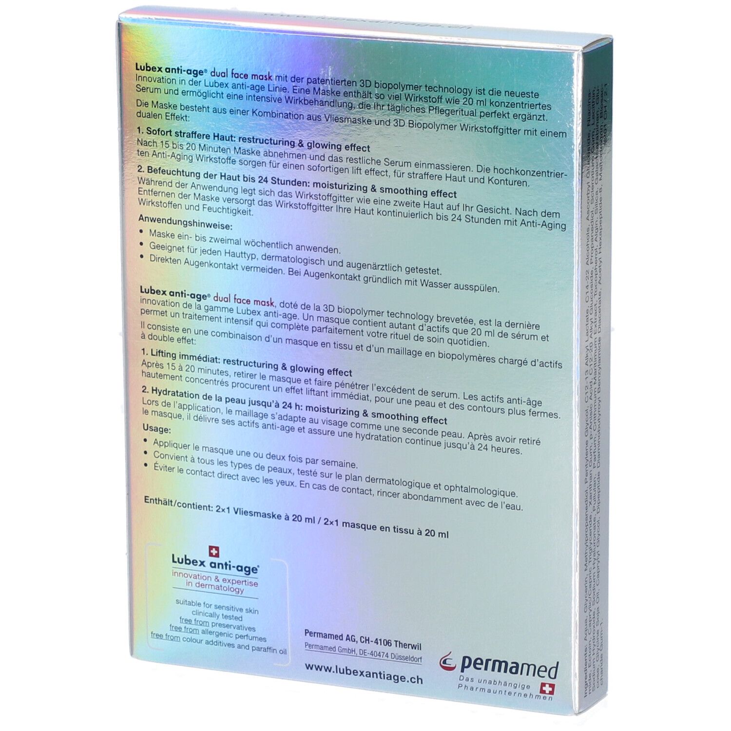 Rückseite der Schachtel mit Lubex Anti-Age Doppel-Gesichtsmaske. Text in Deutsch, Informationen zum Produkt und Hersteller.