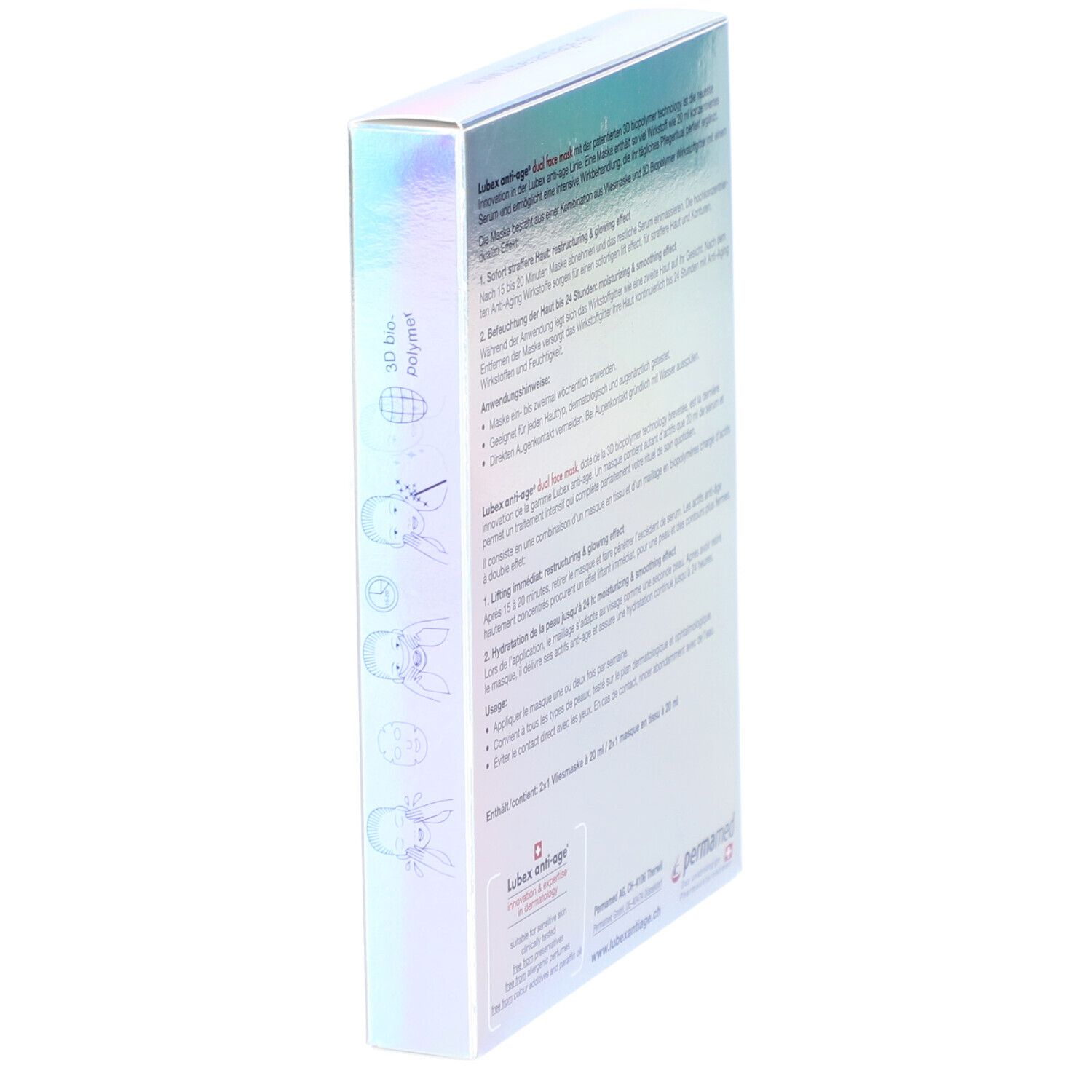 Seite der Schachtel mit Lubex Anti-Age Doppel-Gesichtsmaske. Illustrationen und Text in Deutsch. Herstellerinformationen.