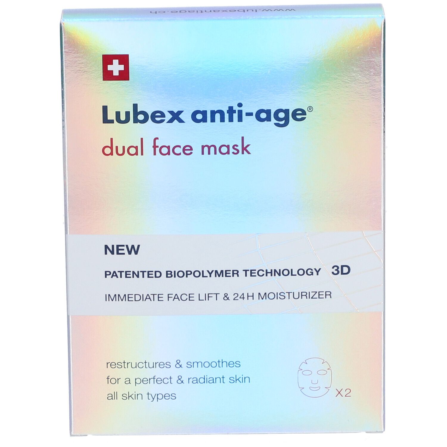 Schachtel mit Lubex Anti-Age Doppel-Gesichtsmaske. Holografische Verpackung mit Produktnamen und Logo. Enthält zwei Masken.