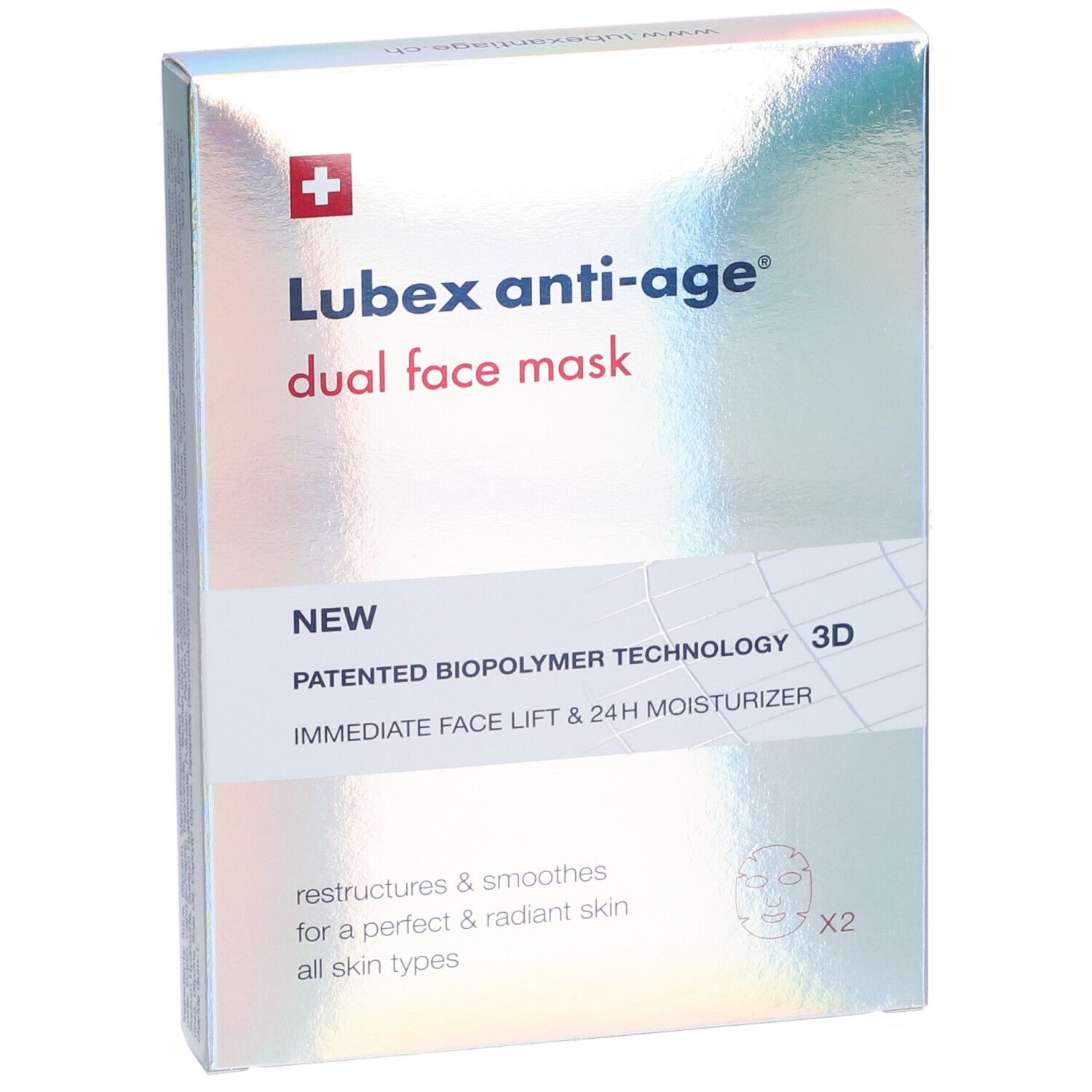 Schachtel mit Lubex Anti-Age Doppel-Gesichtsmaske. Holografische Verpackung mit Produktnamen und Logo. Enthält zwei Masken.