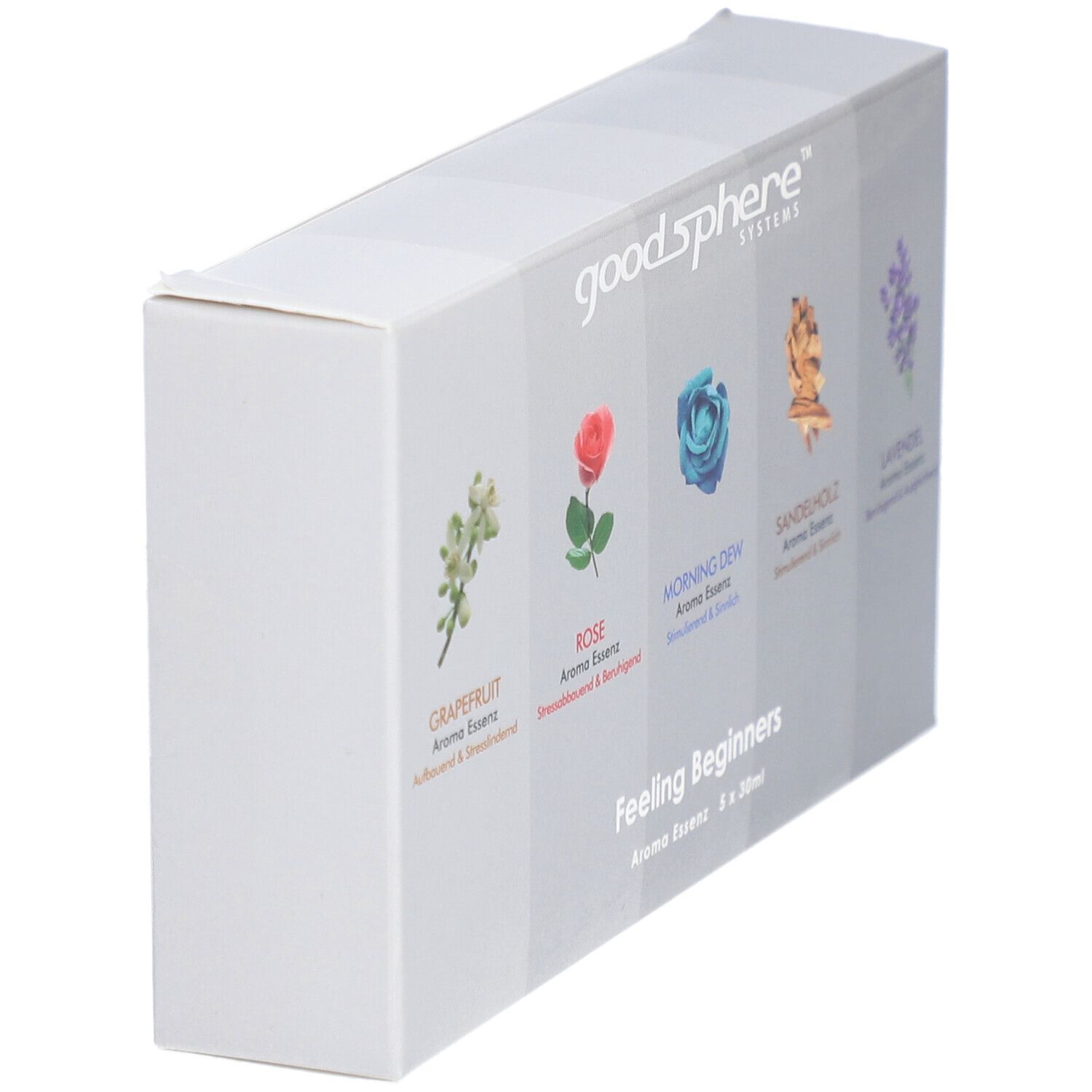 Schräg gestellte Verpackung mit Aroma-Essenzen. Aufschrift: Goodsphere, Feeling Beginners. Pflanzenabbildungen.