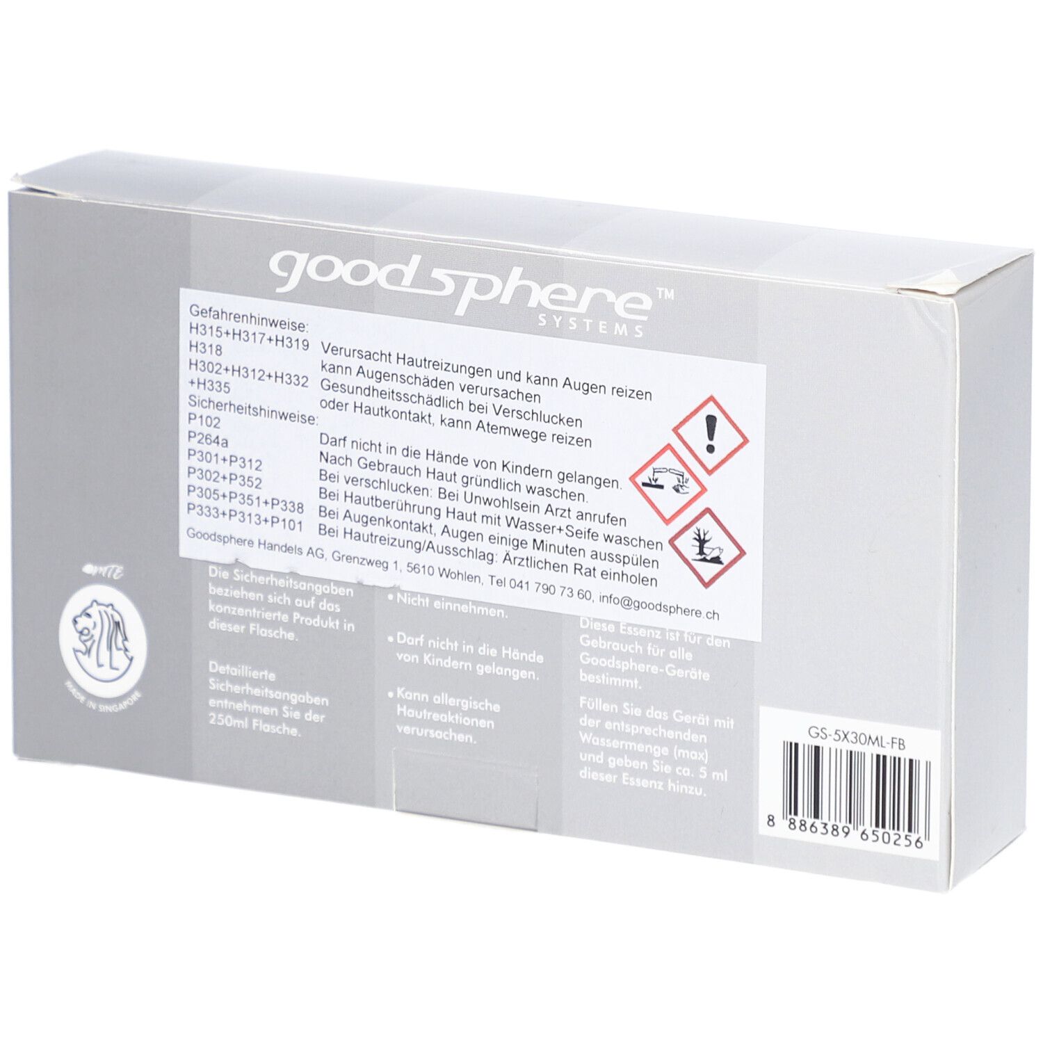 Rückseite der Verpackung mit Warnhinweisen und Piktogrammen. Aufschrift: Goodsphere. Text in Deutsch.