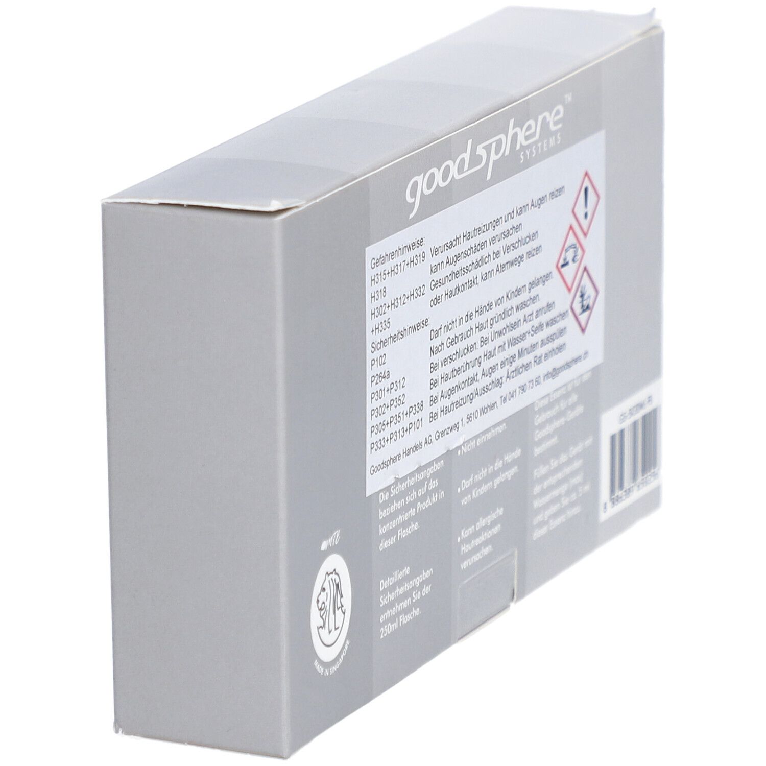 Schräg gestellte Verpackung mit Warnhinweisen und Piktogrammen. Aufschrift: Goodsphere. Text in Deutsch.