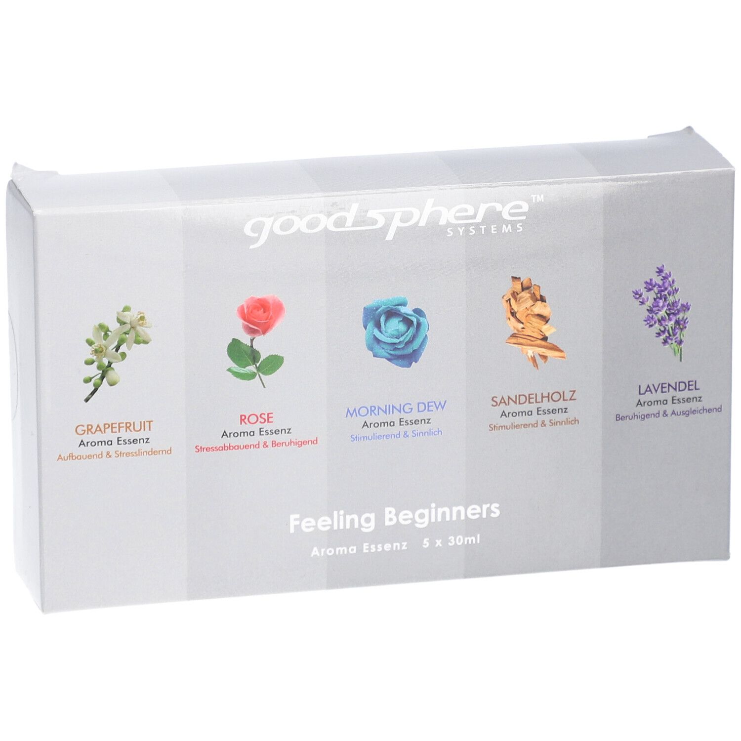 Karton mit fünf Aroma-Essenzen. Aufschrift: Goodsphere, Feeling Beginners. Pflanzenabbildungen.