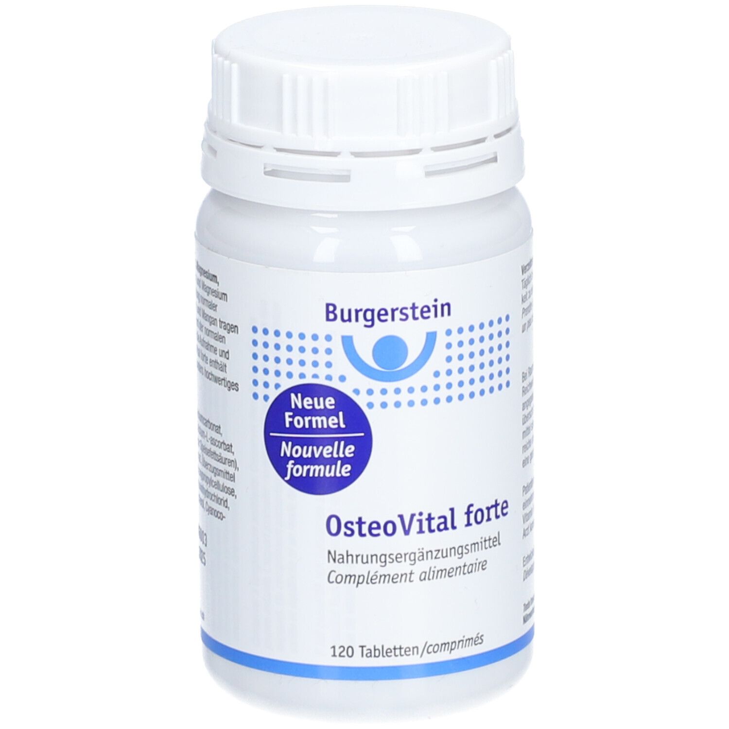 Weiße Flasche mit Schraubverschluss. Aufschrift Burgerstein, Neue Formel, OsteoVital forte. 120 Tabletten.