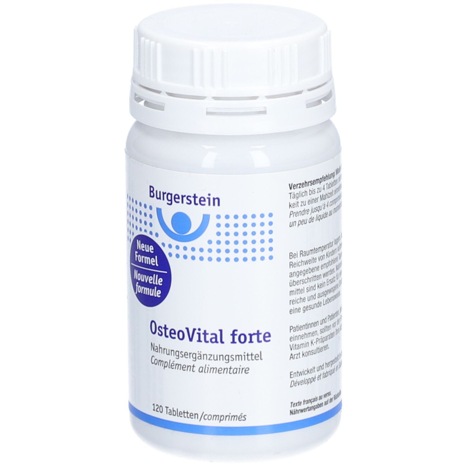 Weiße Flasche mit Schraubverschluss. Aufschrift Burgerstein, Neue Formel, OsteoVital forte. 120 Tabletten.