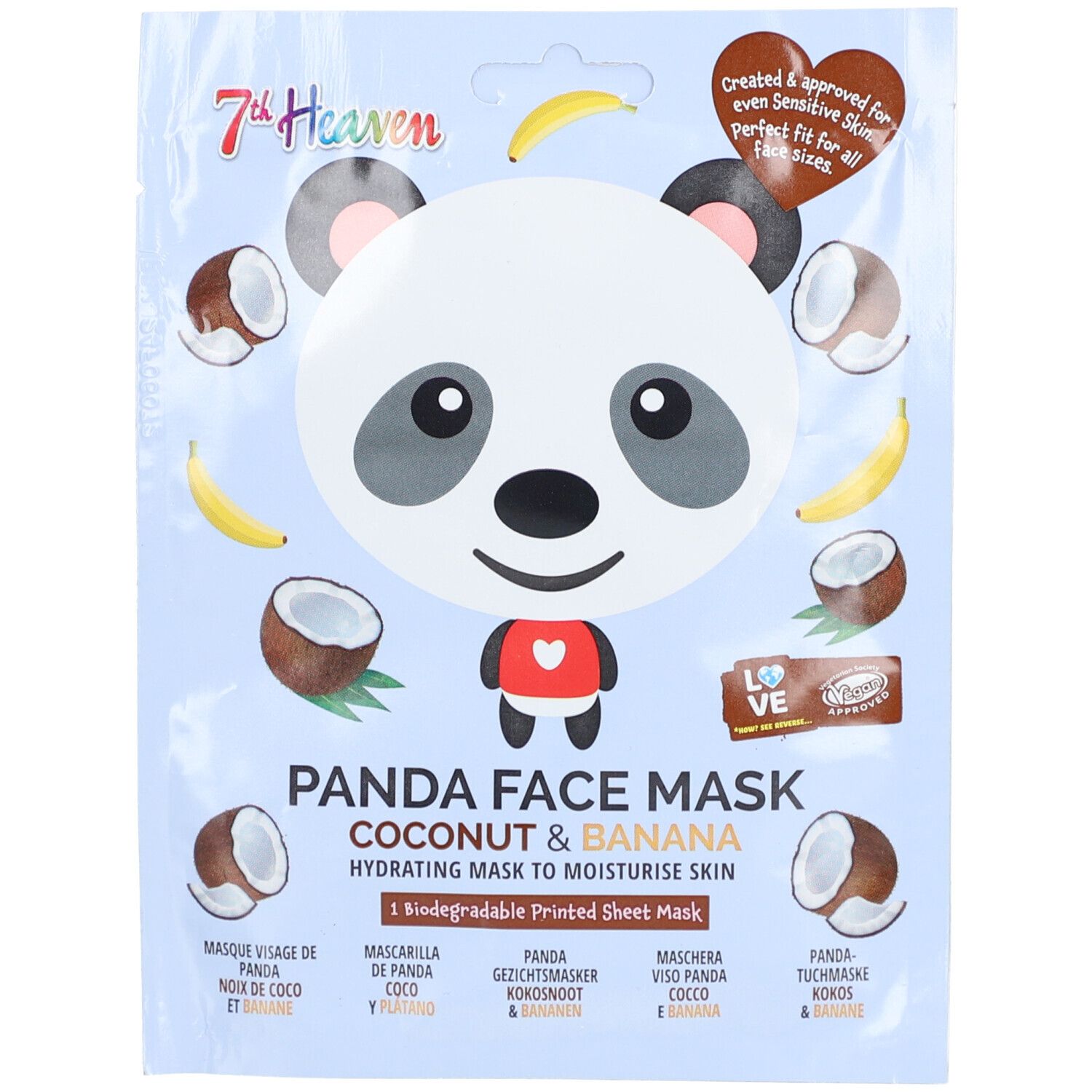 Gesichtsmaske mit Panda-Design, Kokosnuss und Banane. Verpackung mit Produktnamen und Logo.