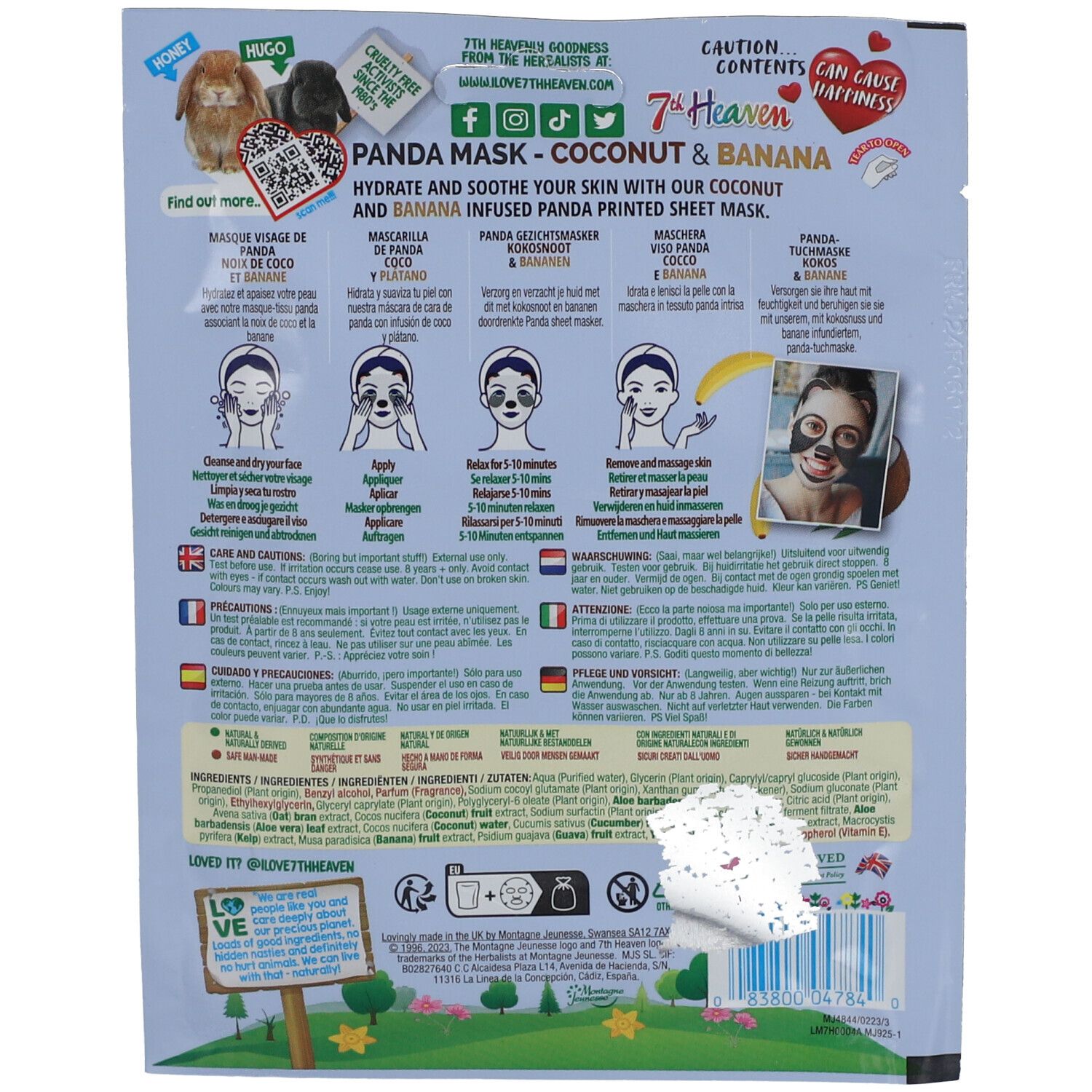 Rückseite der Panda-Gesichtsmaskenverpackung. Enthält Anweisungen, Inhaltsstoffe und Logo.