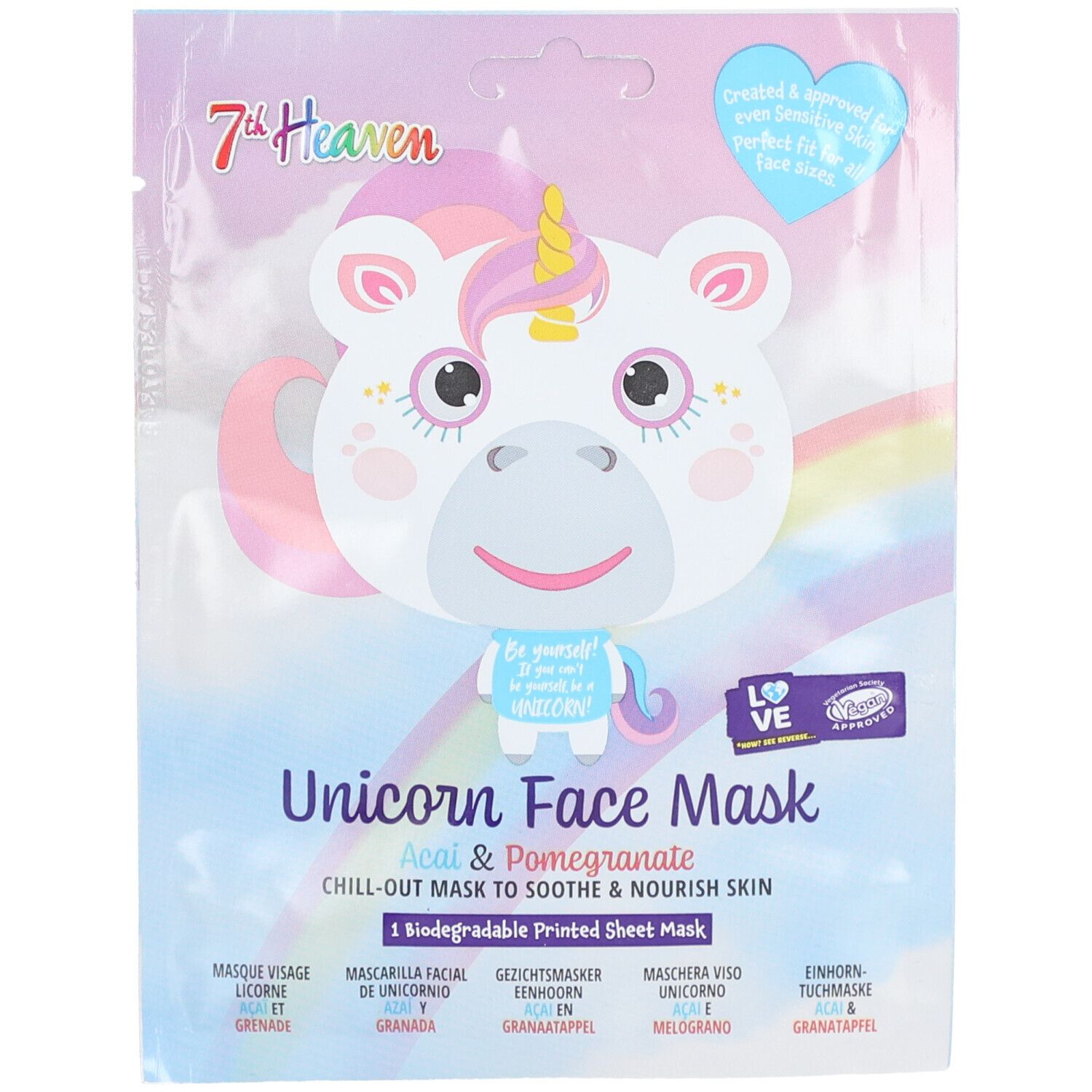 Masque facial licorne. Emballage avec logo et nom du produit. Contient du texte en plusieurs langues.
