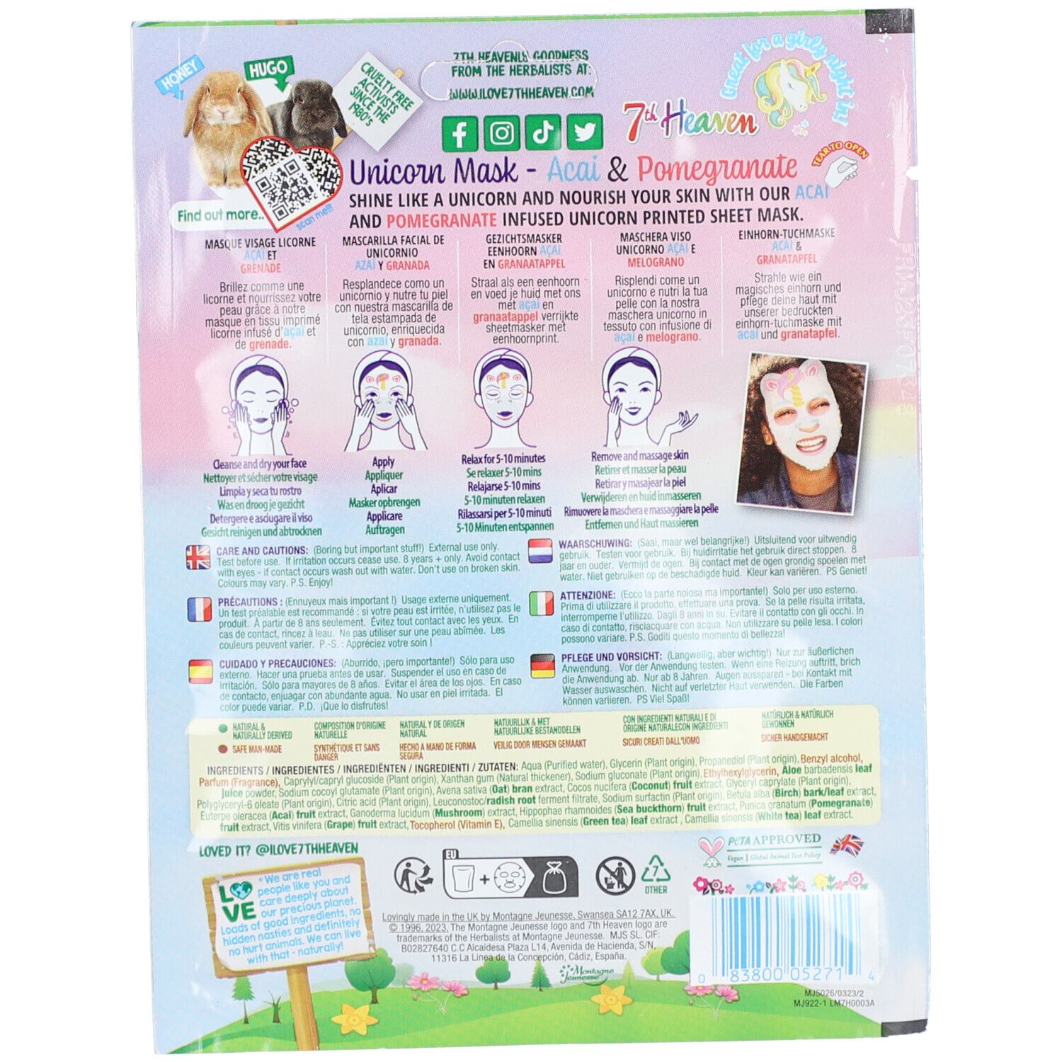 Dos du masque facial licorne. Contient des informations sur le produit, des instructions d'utilisation et des ingrédients.