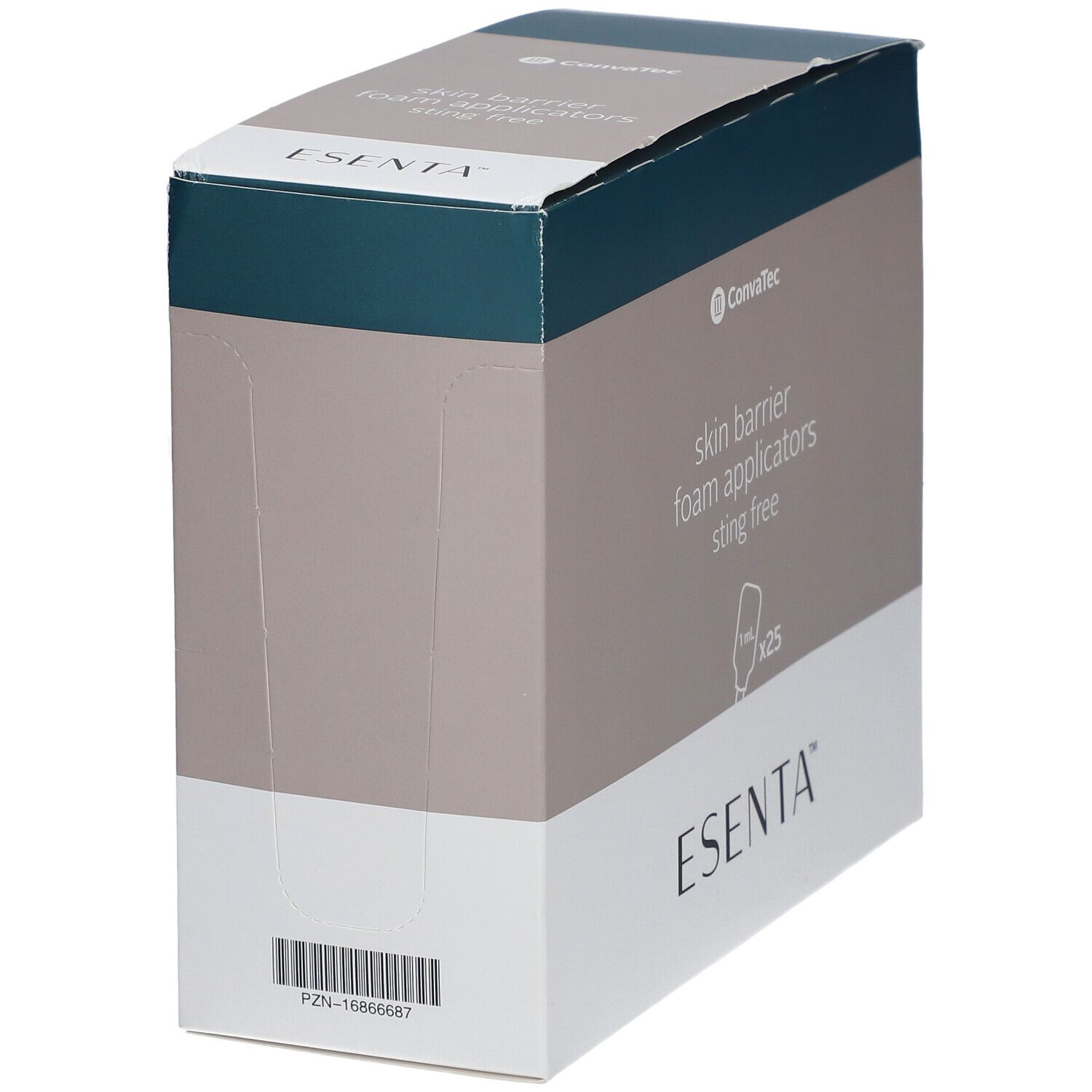 ESENTA™-Verpackung. Hautschutz-Schaumapplikatoren. KonvaTec-Logo. Text: skin barrier foam applicators sting free. Barcode.