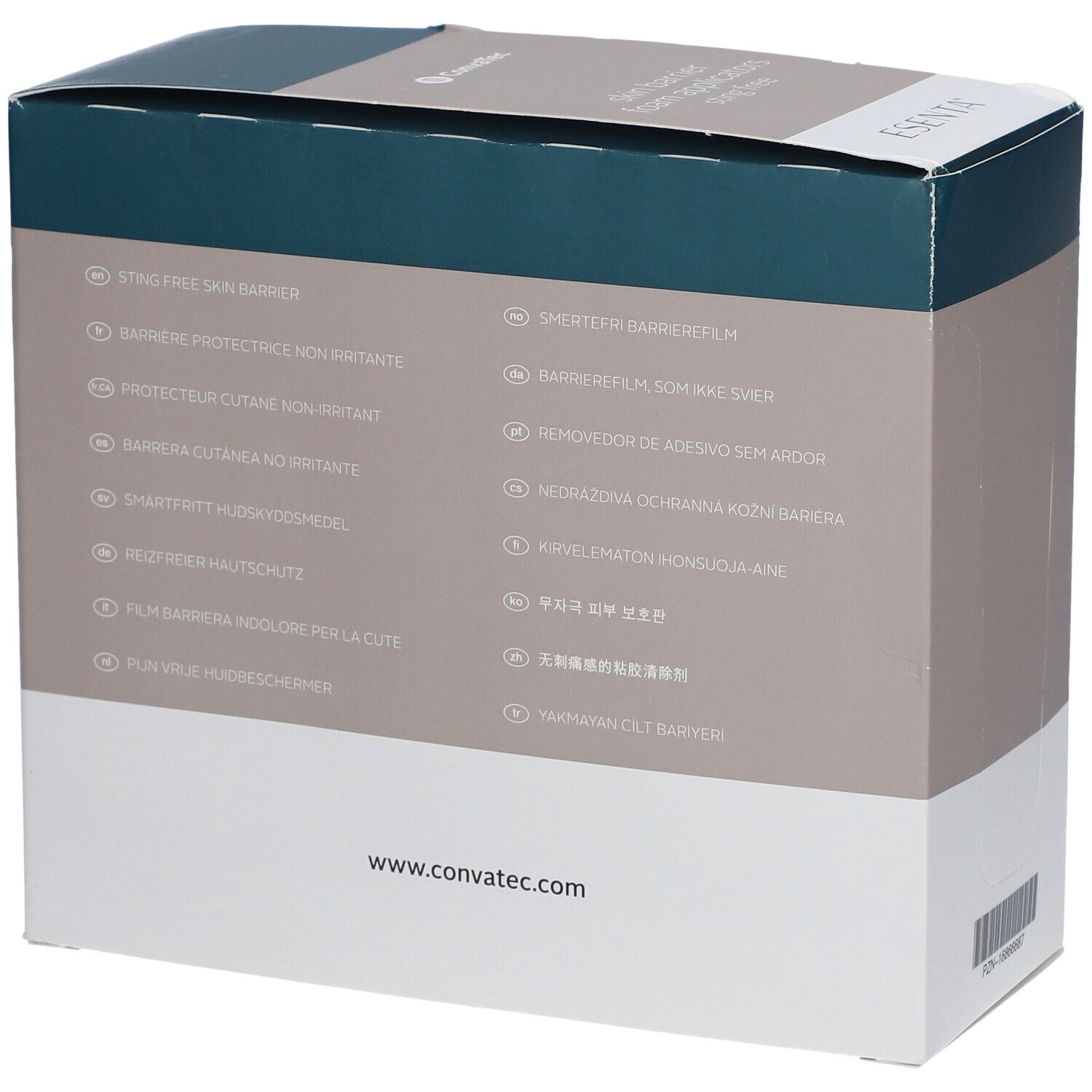 ESENTA™-Verpackung. Text: sting free skin barrier. Mehrsprachige Texte. www.convatec.com. Barcode.