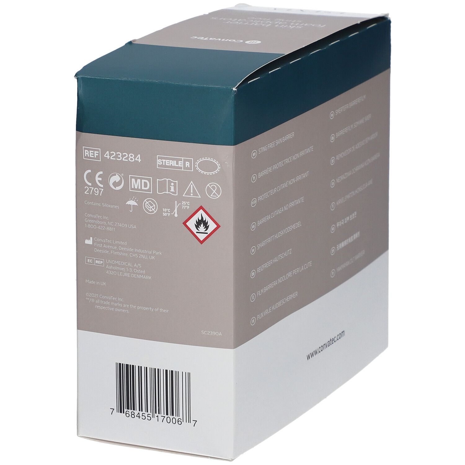 ESENTA™-Verpackung. Text: REF 423284, sterile R, CE-Zeichen, MD-Symbol, brennbare Flüssigkeit. Barcode. www.convatec.com.