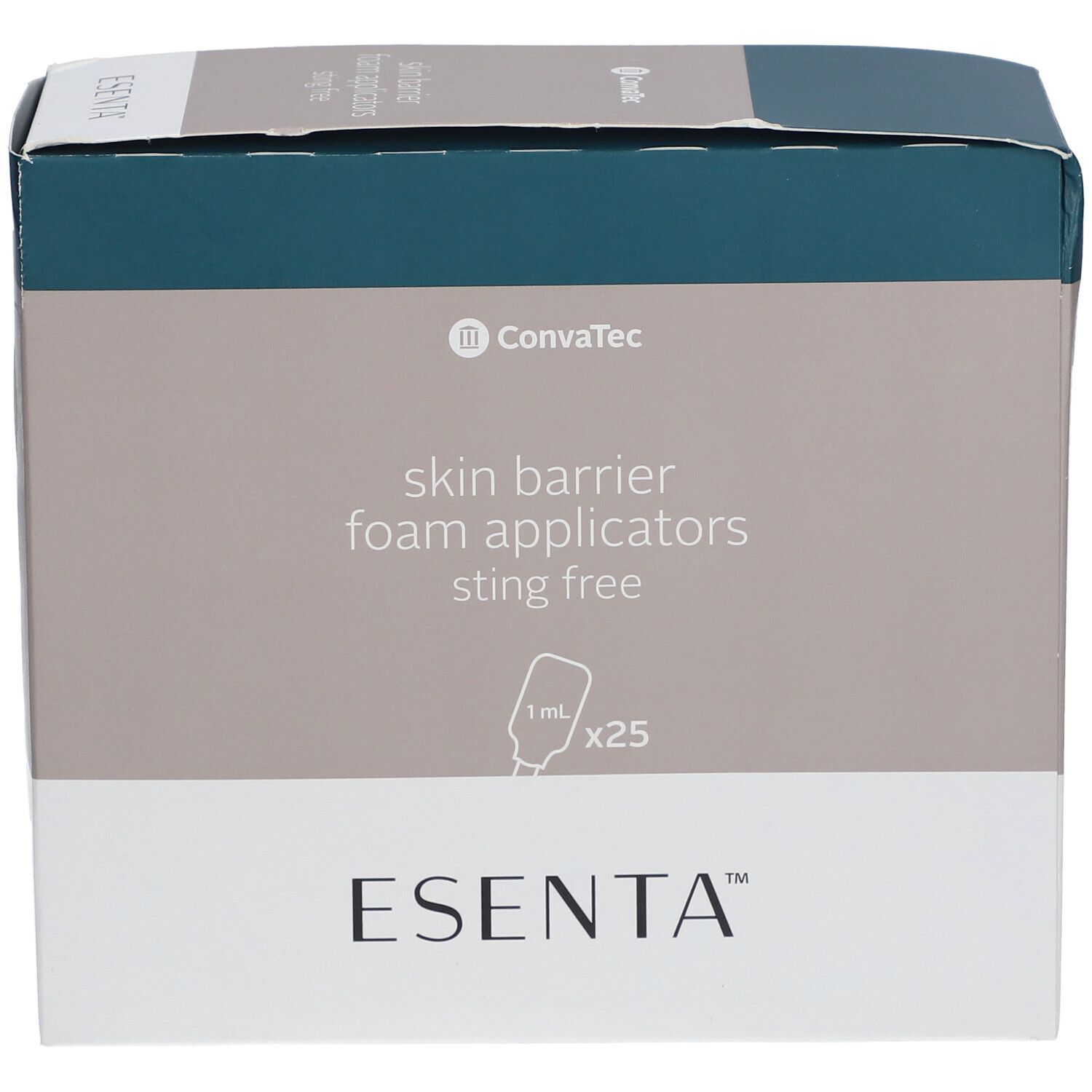 ESENTA™-Verpackung. Hautschutz-Schaumapplikatoren, 25 Stück. KonvaTec-Logo. Text: skin barrier foam applicators sting free.