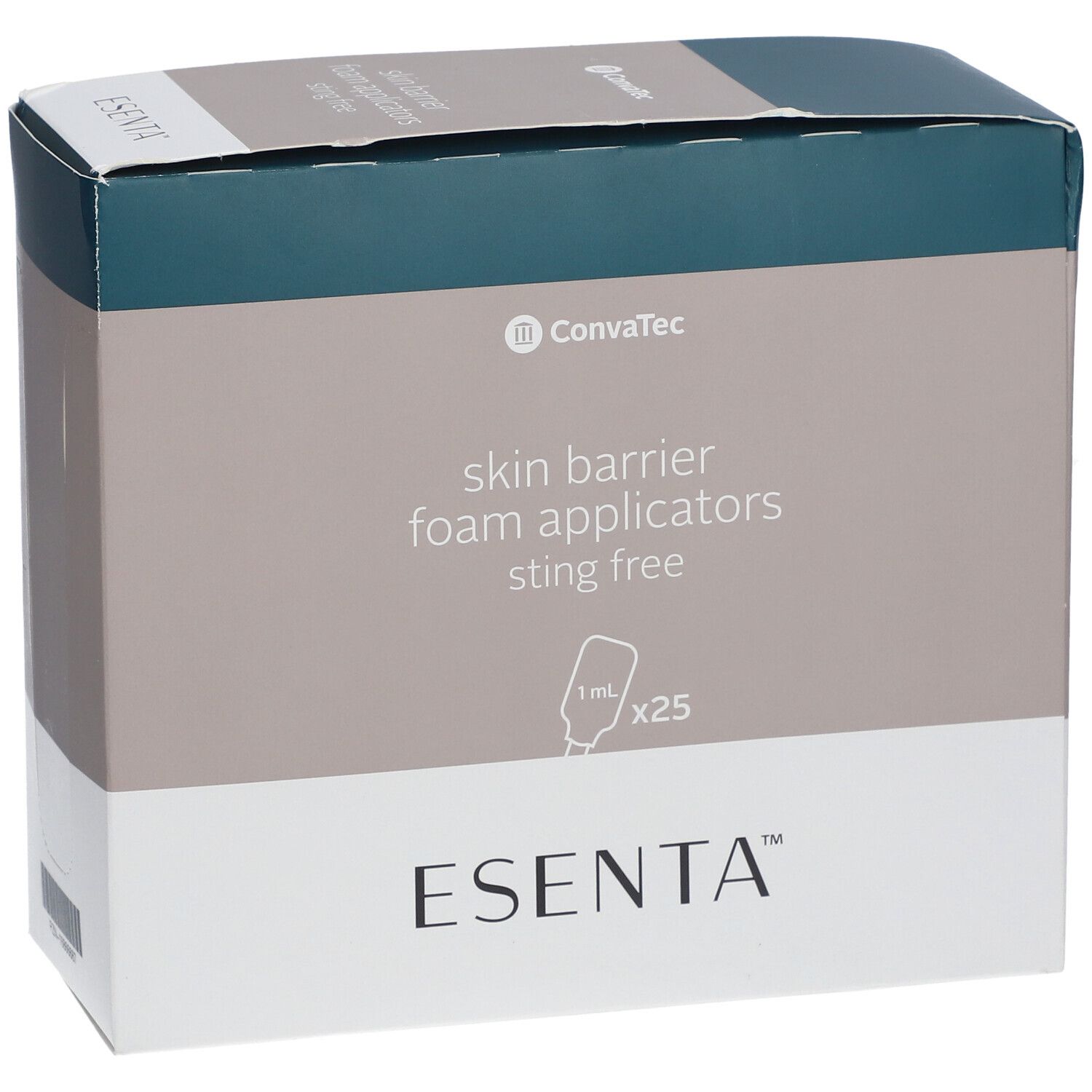 ESENTA™-Verpackung. Hautschutz-Schaumapplikatoren. KonvaTec-Logo. Text: skin barrier foam applicators sting free.