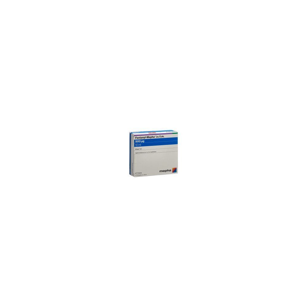 Karton Fentanyl Mepha. Blaue und weiße Verpackung mit Produktinformationen. Marke Mepha.
