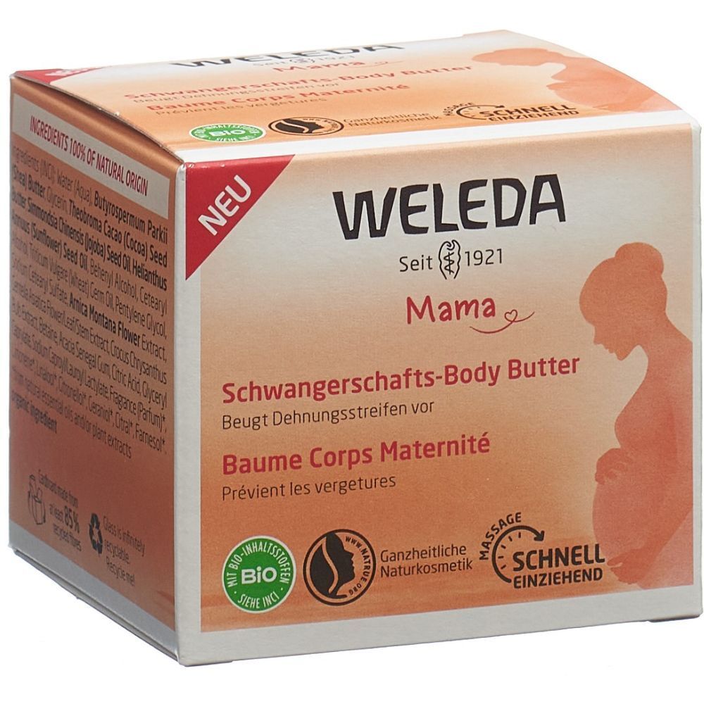 WELEDA Mama Schwangerschafts-Body Butter. Karton mit Produktabbildung und Text. Bio-Siegel, Umriss einer Schwangeren.