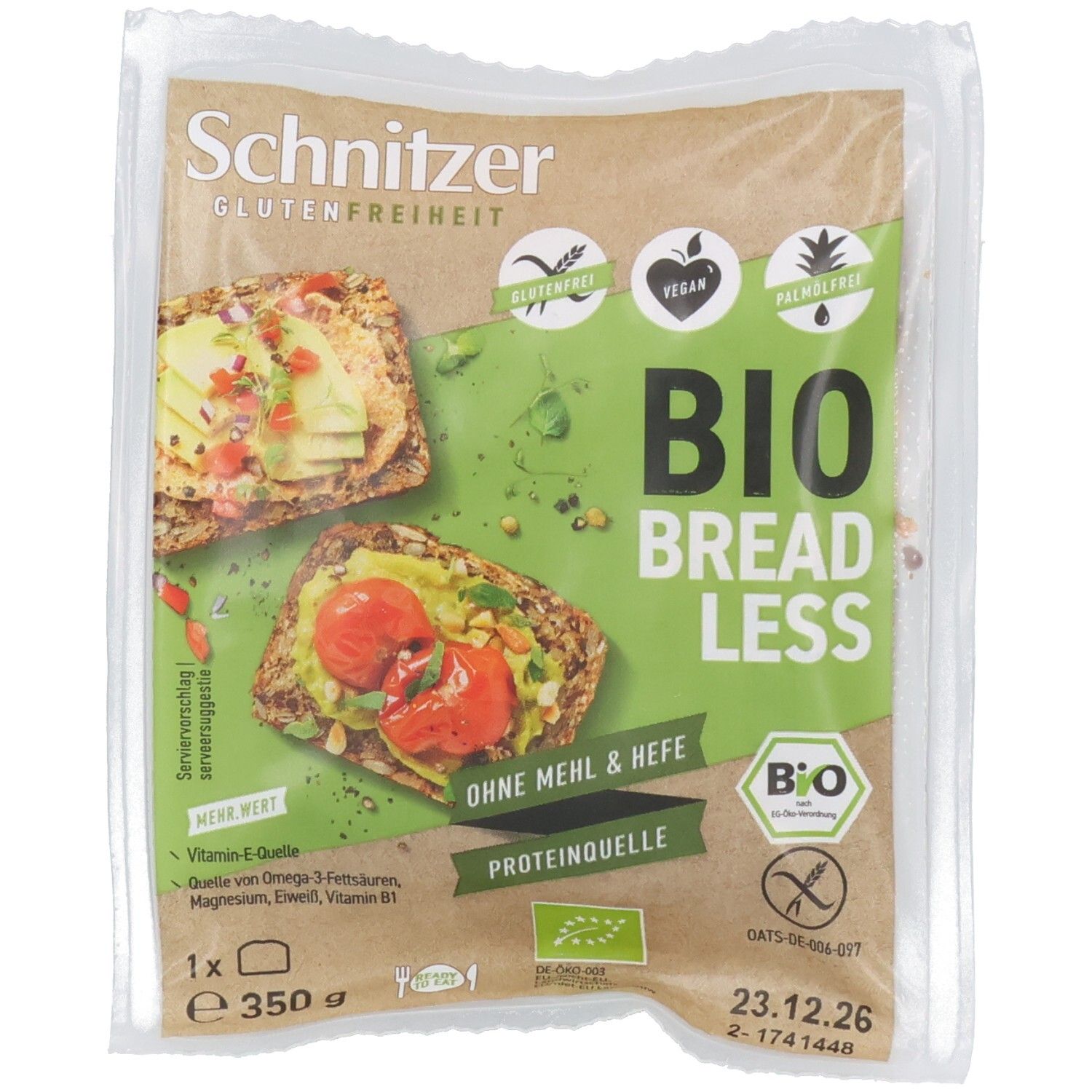 Verpackung von Schnitzer Bio Bread Less glutenfrei. Enthält zwei belegte Brotscheiben.