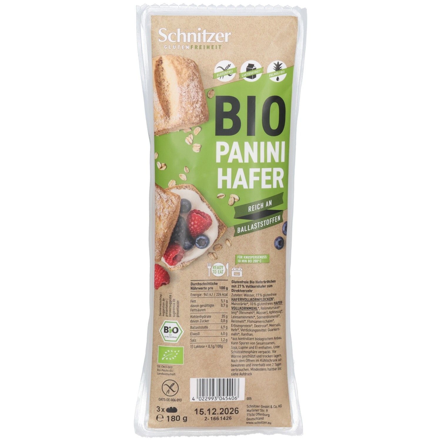 Schnitzer Bio Panini Haferbrötchen, glutenfrei, 3 Stück.