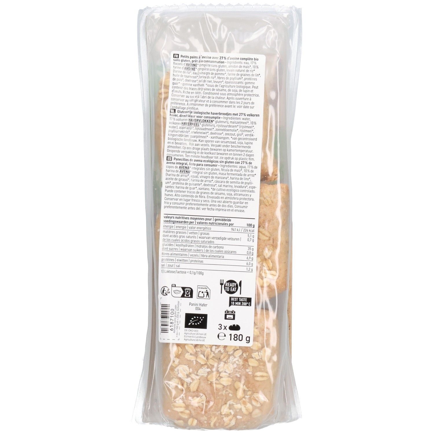 Rückseite der Schnitzer Bio Panini Haferbrötchen, glutenfrei, 3 Stück.