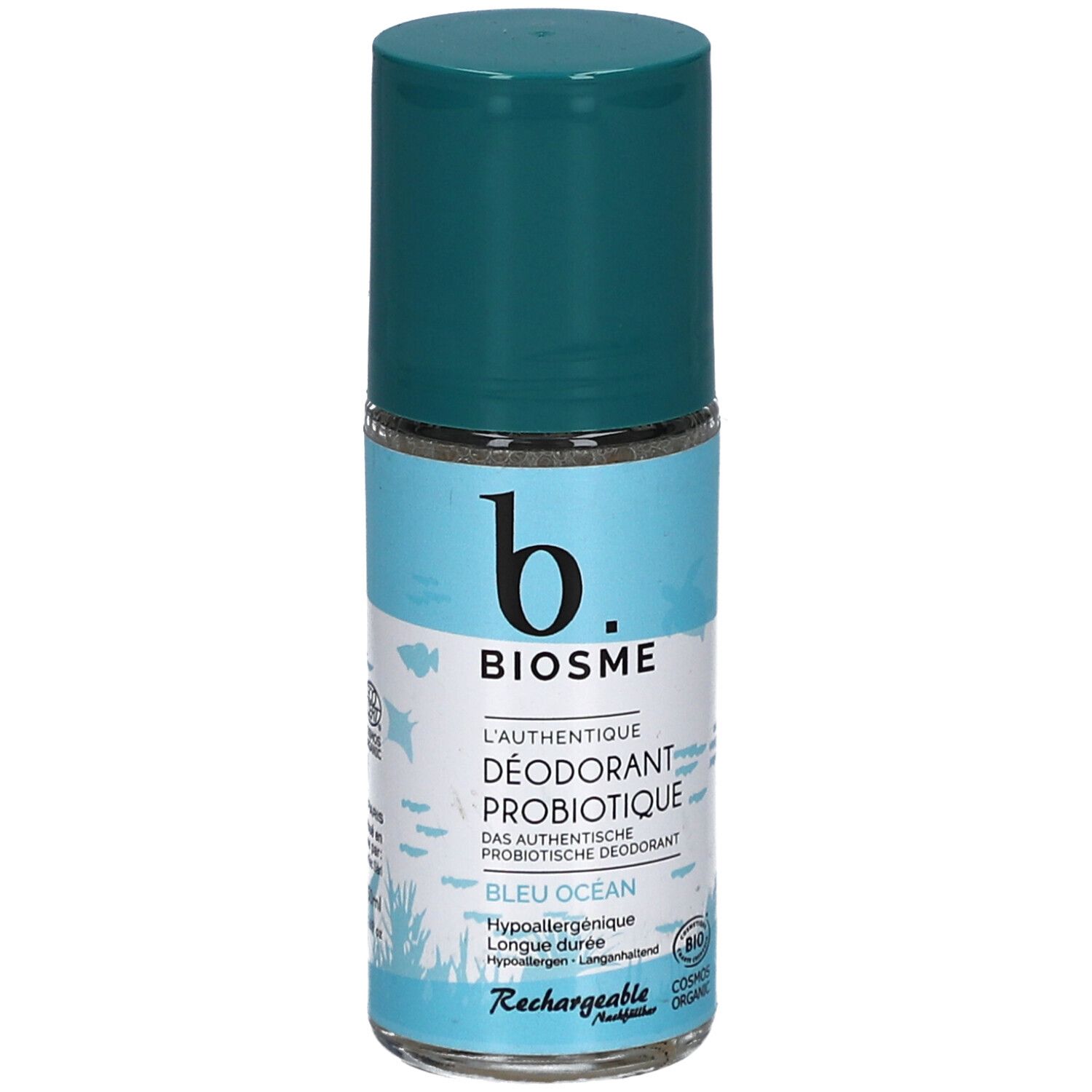 BIOSME Probiotisches Deodorant Bleu Océan Roll-on mit türkisfarbenem Verschluss. Bio- und Cosmos Organic-Siegel sichtbar.