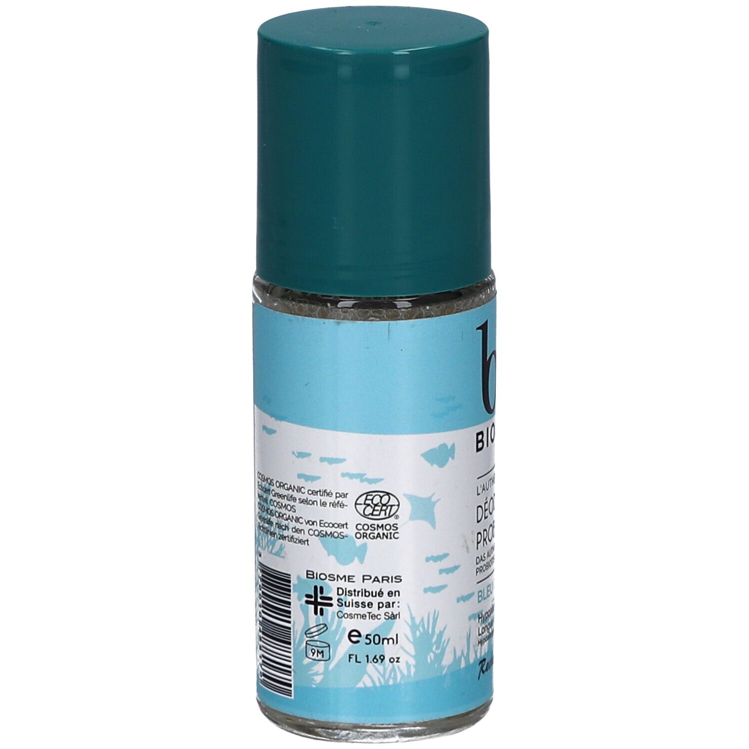 Rückseite des BIOSME Probiotisches Deodorant Bleu Océan Roll-on. Enthält 50ml. Bio- und Cosmos Organic-Siegel.