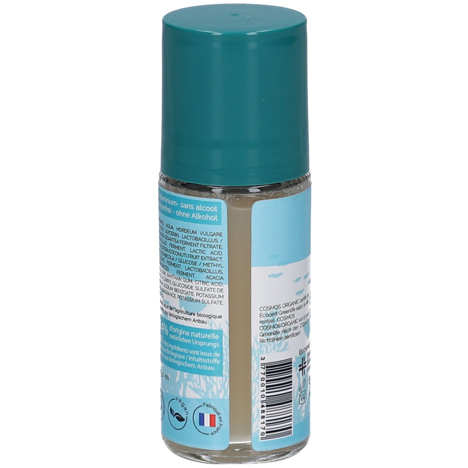 Seitenansicht des BIOSME Probiotisches Deodorant Bleu Océan Roll-on. Enthält Inhaltsstoffliste und Bio-Siegel.