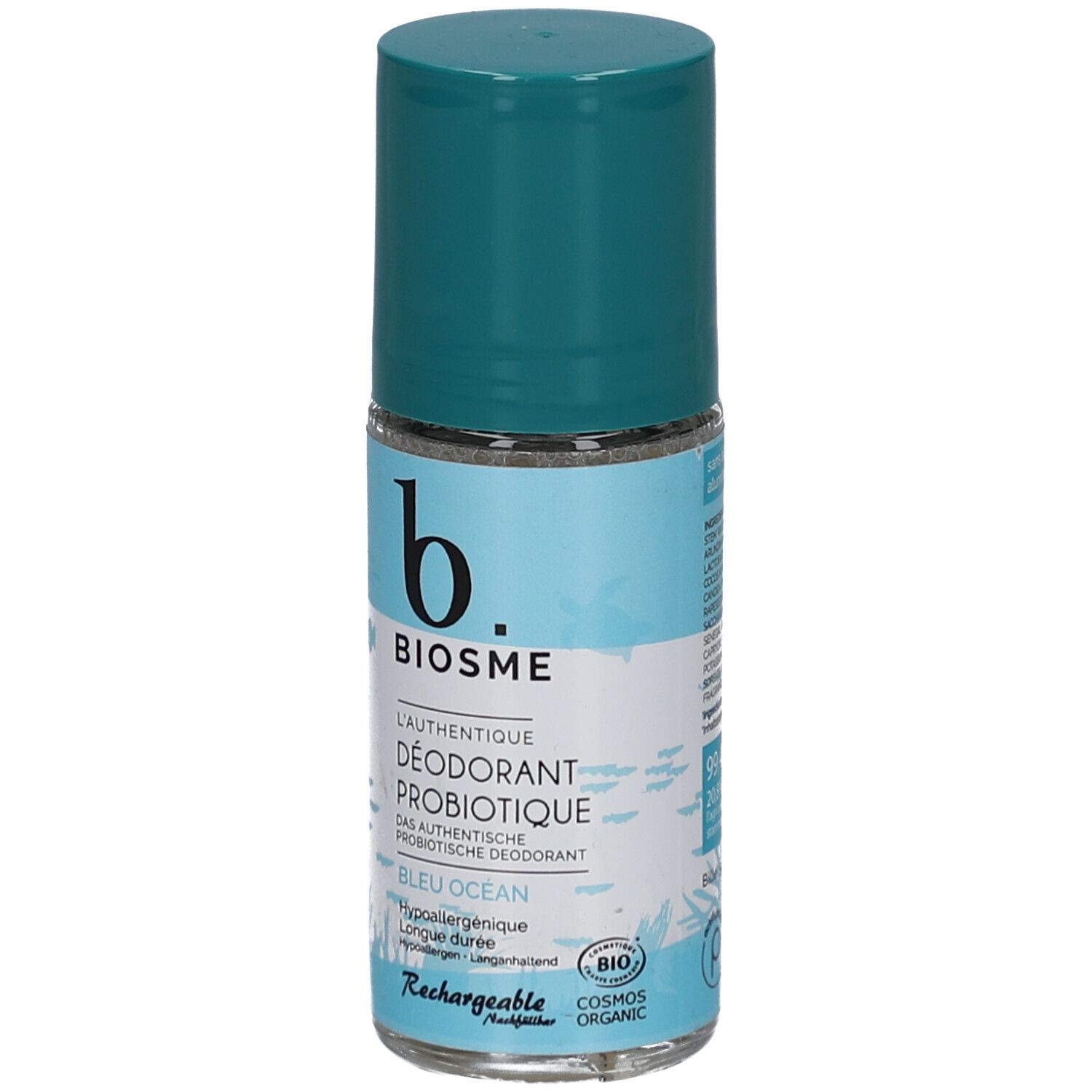 BIOSME Probiotisches Deodorant Bleu Océan Roll-on, wiederaufladbar. Mit türkisfarbenem Verschluss und Bio-Siegel.