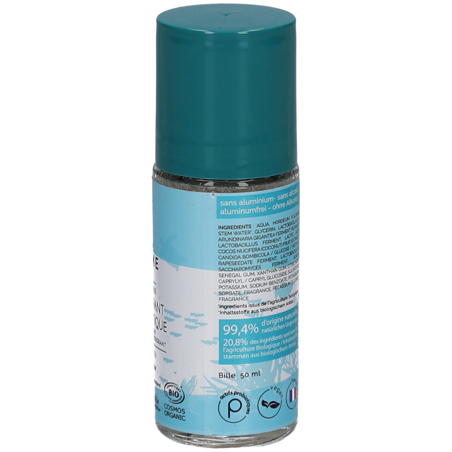 BIOSME Probiotisches Deodorant Bleu Océan Roll-on mit türkisfarbenem Verschluss. Bio- und Cosmos Organic-Siegel sichtbar.