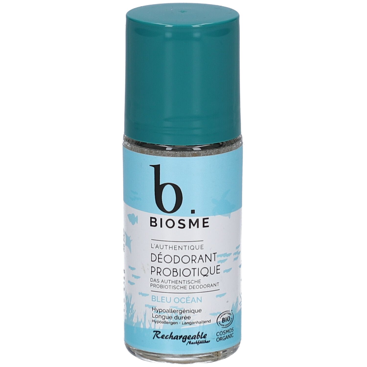 BIOSME Probiotisches Deodorant Bleu Océan Roll-on, wiederaufladbar. Mit türkisfarbenem Verschluss und Bio-Siegel.
