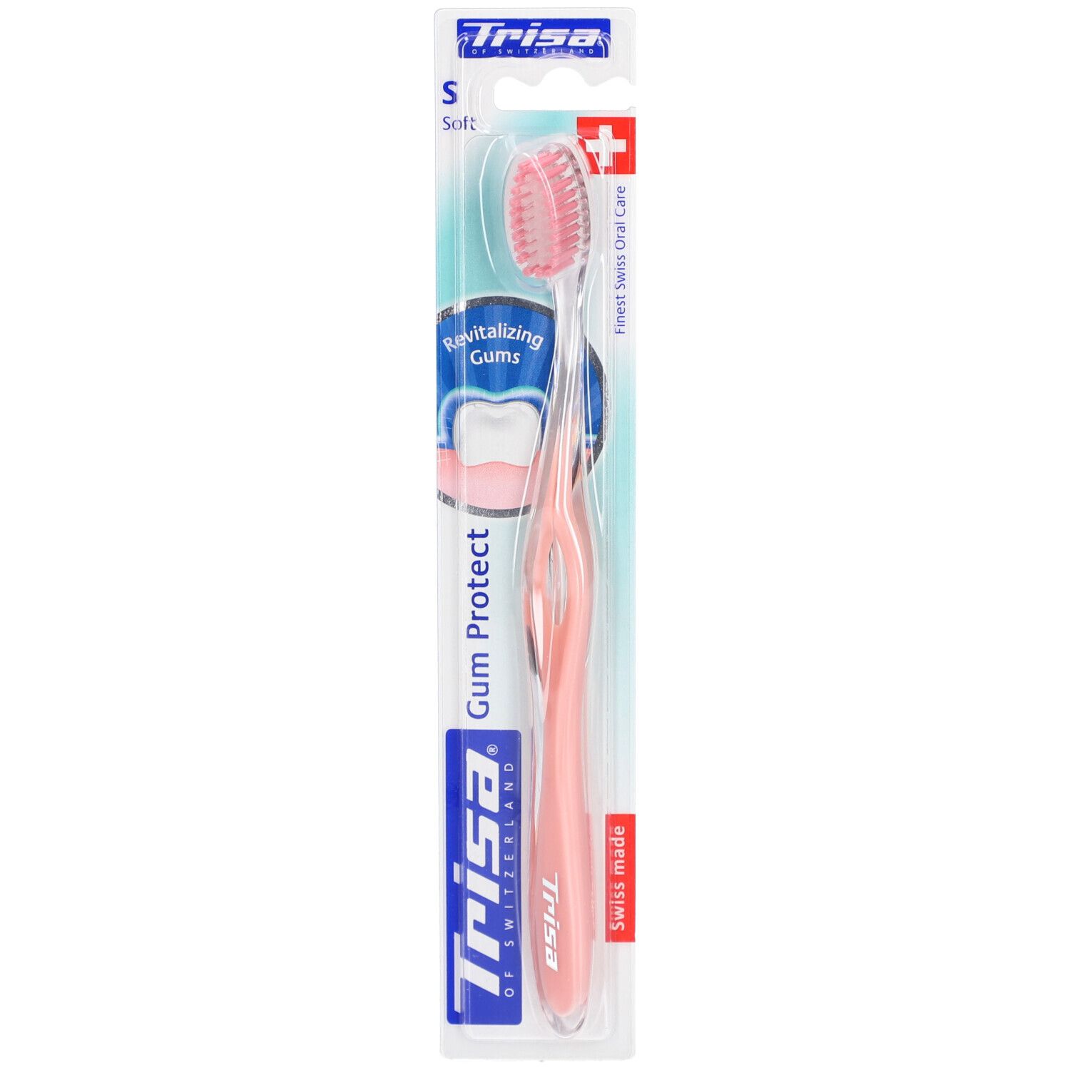 Brosse à dents TRISA Gum Protect rose, souple. Emballage avec nom et logo du produit. Qualité suisse.