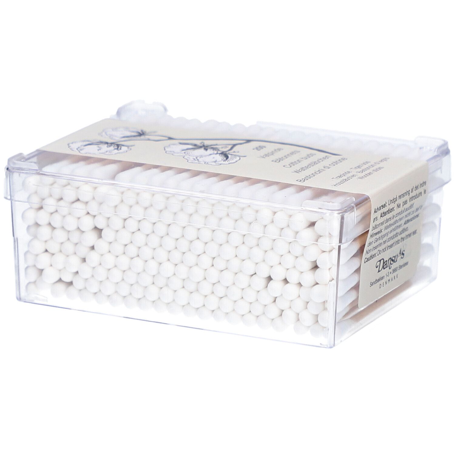 Transparente Box mit Wattestäbchen. Aufschrift: Dansu's. Etikett mit Produktinformationen.