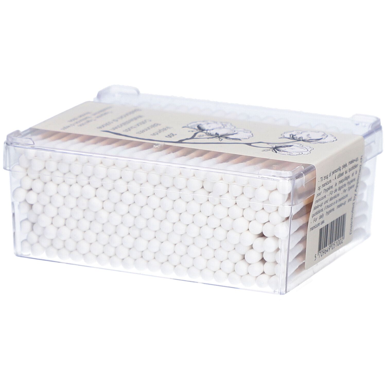 Transparente Box mit Wattestäbchen. Etikett mit Produktinformationen. Aufschrift: Dansu's.