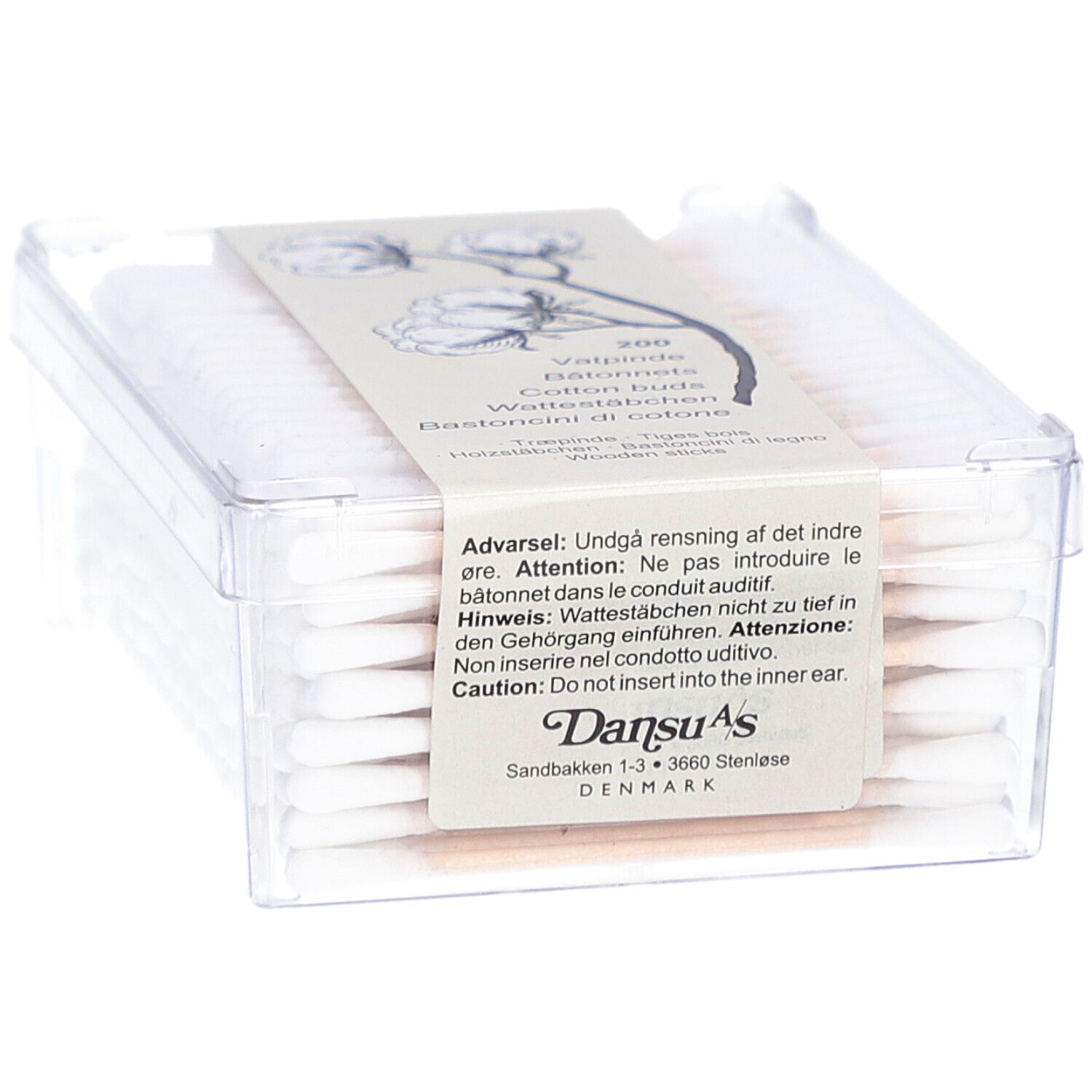Transparente Box mit Wattestäbchen. Aufschrift: Dansu's. Warnhinweis auf Etikett.