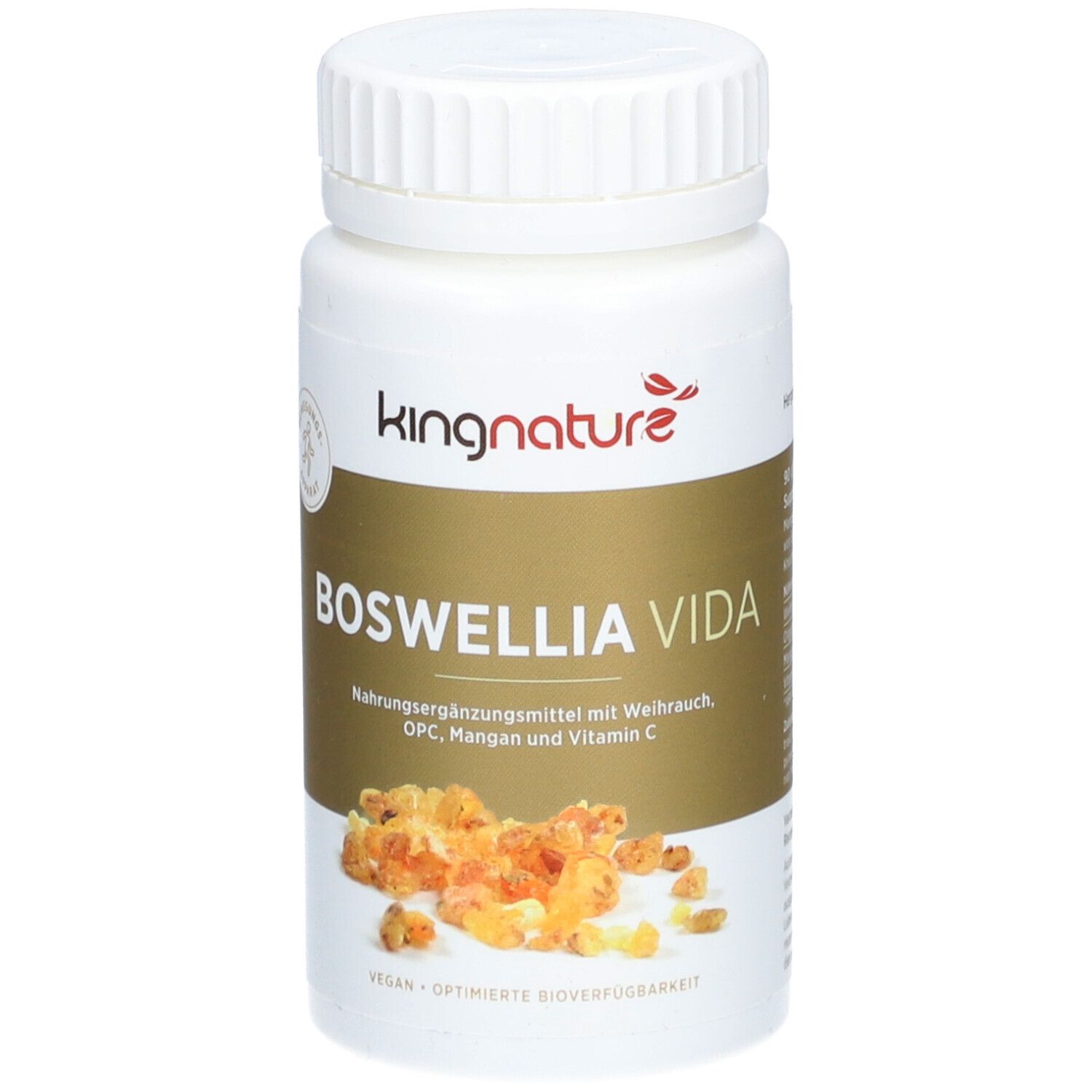 Flacon blanc avec capsules. Inscription: Kingnature Boswellia Vida. Contient OPC, manganèse et vitamine C. Vegan.