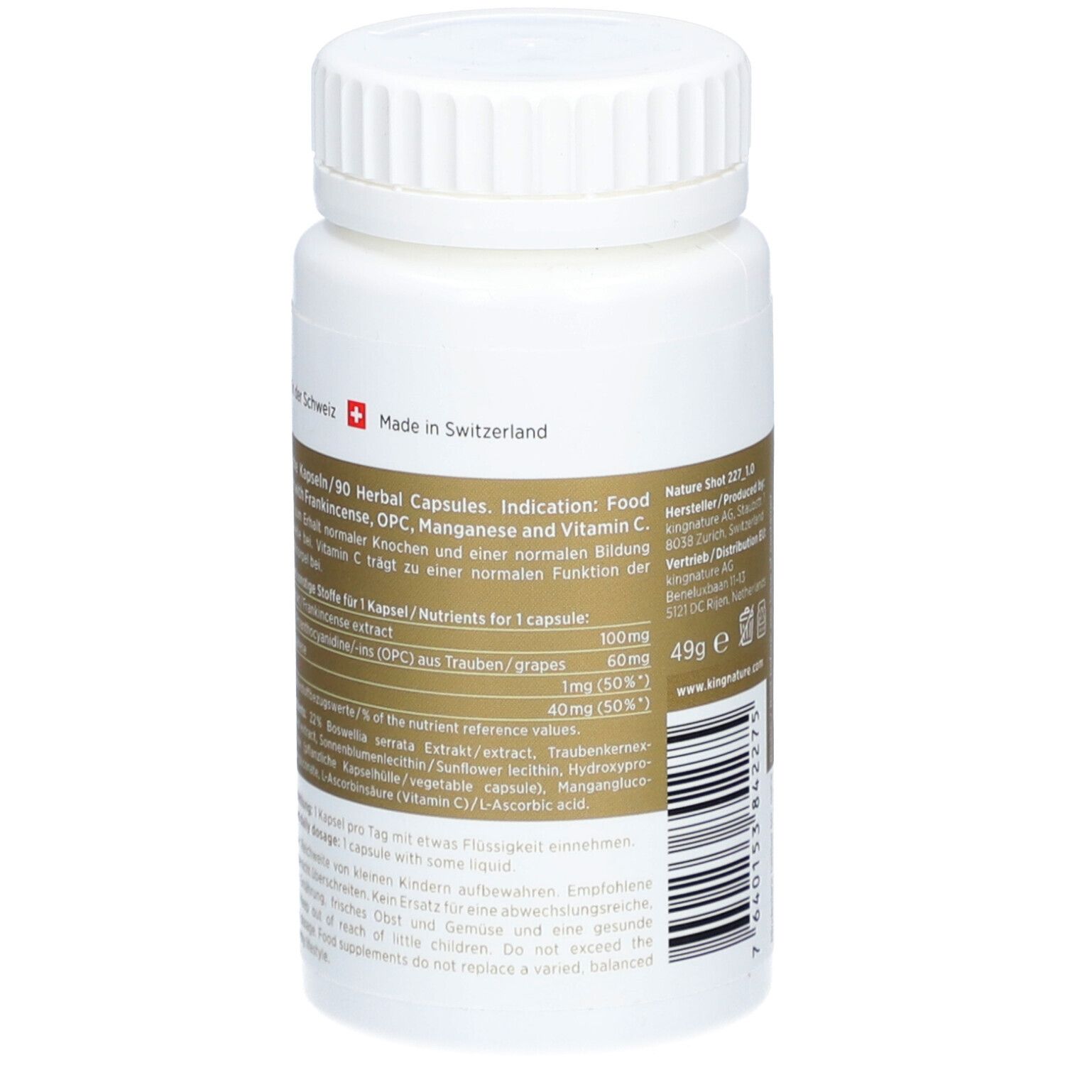 Flacon blanc avec étiquette. Inscription: Kingnature Boswellia Vida. Fabriqué en Suisse. 90 gélules.