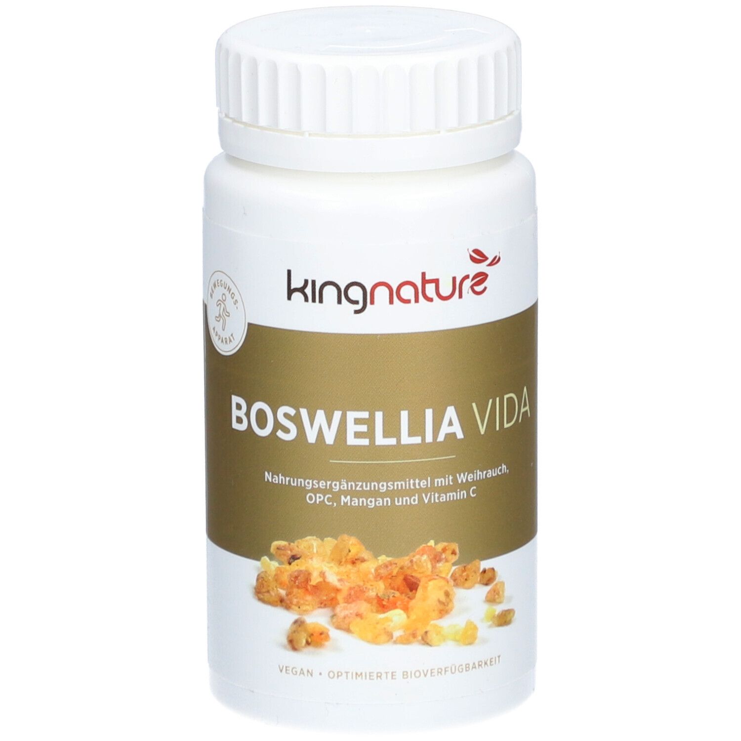 Flacon blanc avec capsules. Inscription: Kingnature Boswellia Vida. Contient OPC, manganèse et vitamine C. Vegan.
