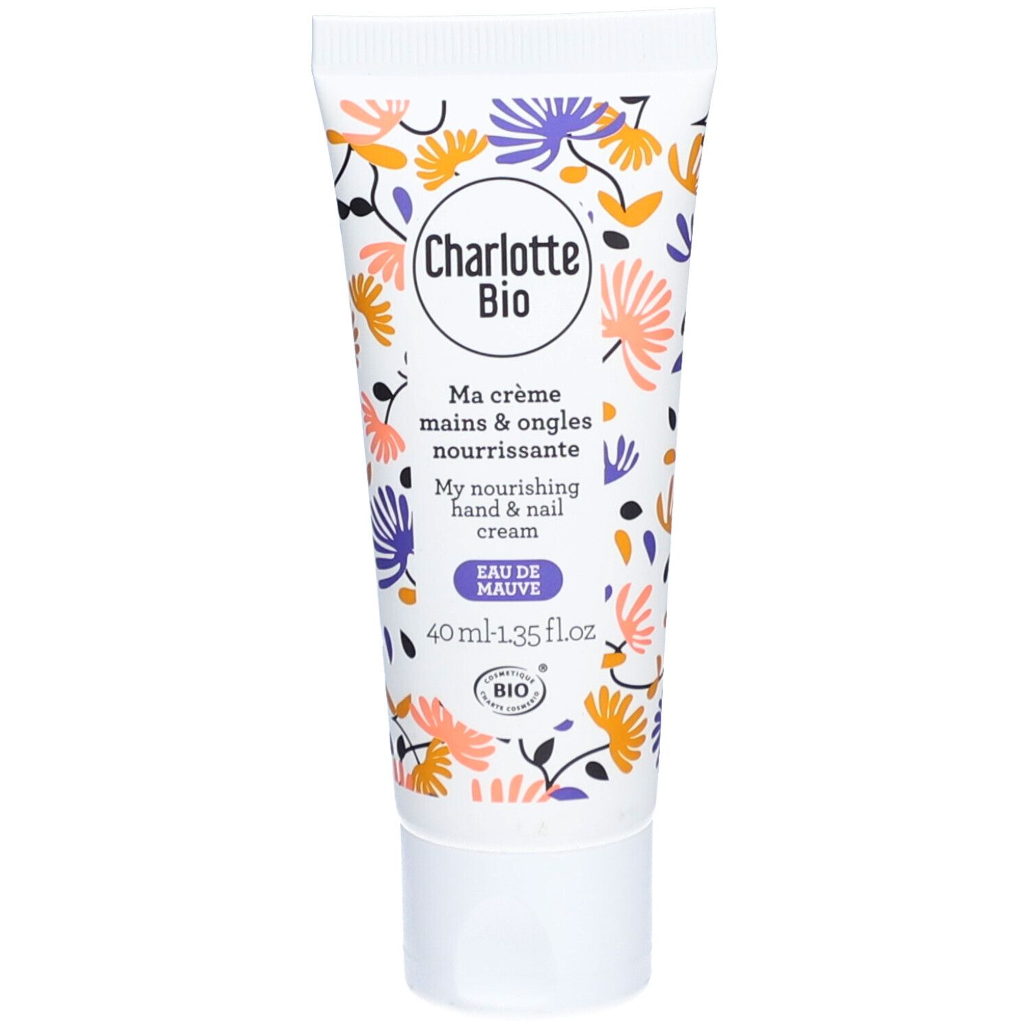 Tube de crème floral. Inscription: Charlotte Bio, Ma crème mains & ongles nourrissante, Eau de Mauve. Label bio.