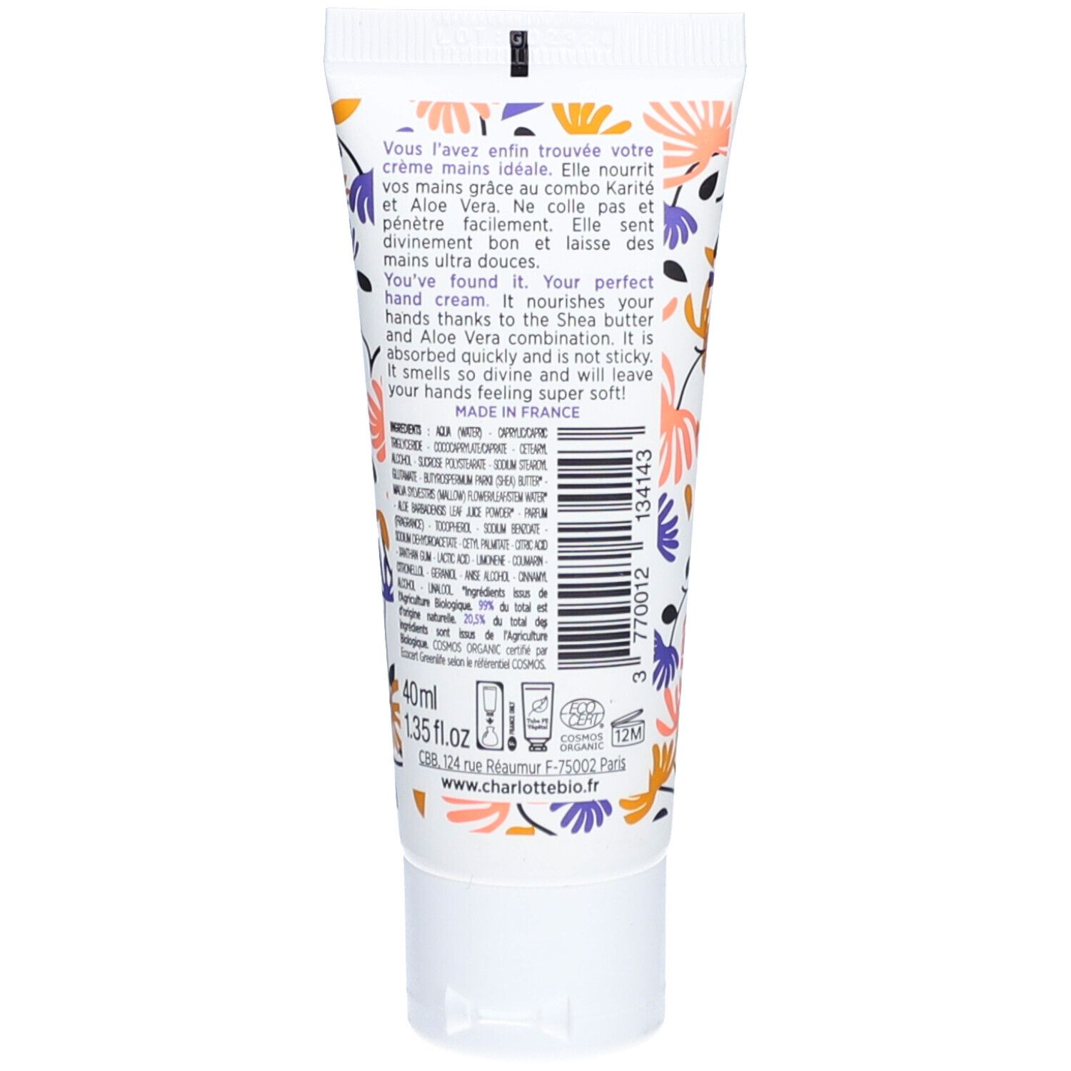 Dos du tube de crème. Texte et ingrédients. Inscription: Charlotte Bio. Label bio. 40ml.